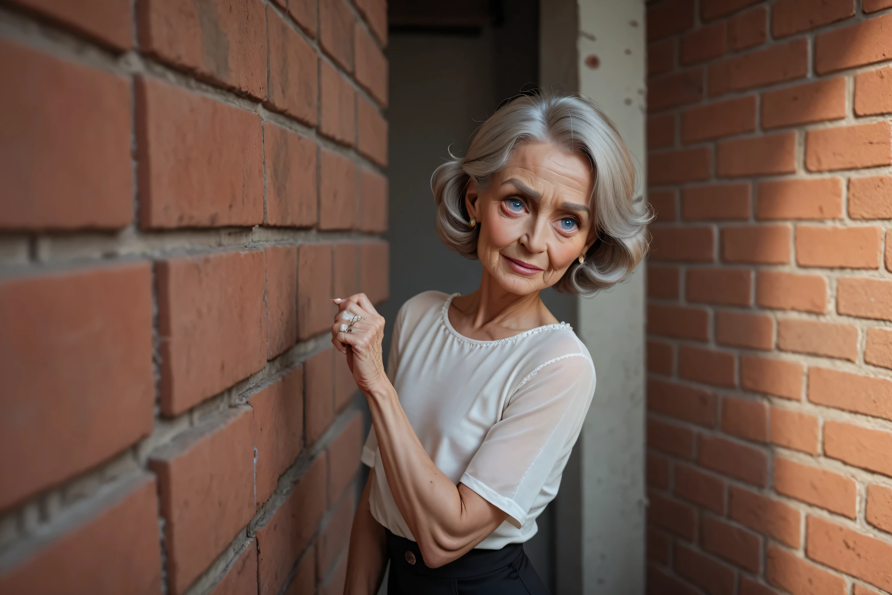 score_9, score_8_up, score_7_up, elderly woman_wrinkles,peeringfrom behind brick wall , big eyes ,curious look short hair_gray, flat chest, sleeved blouse