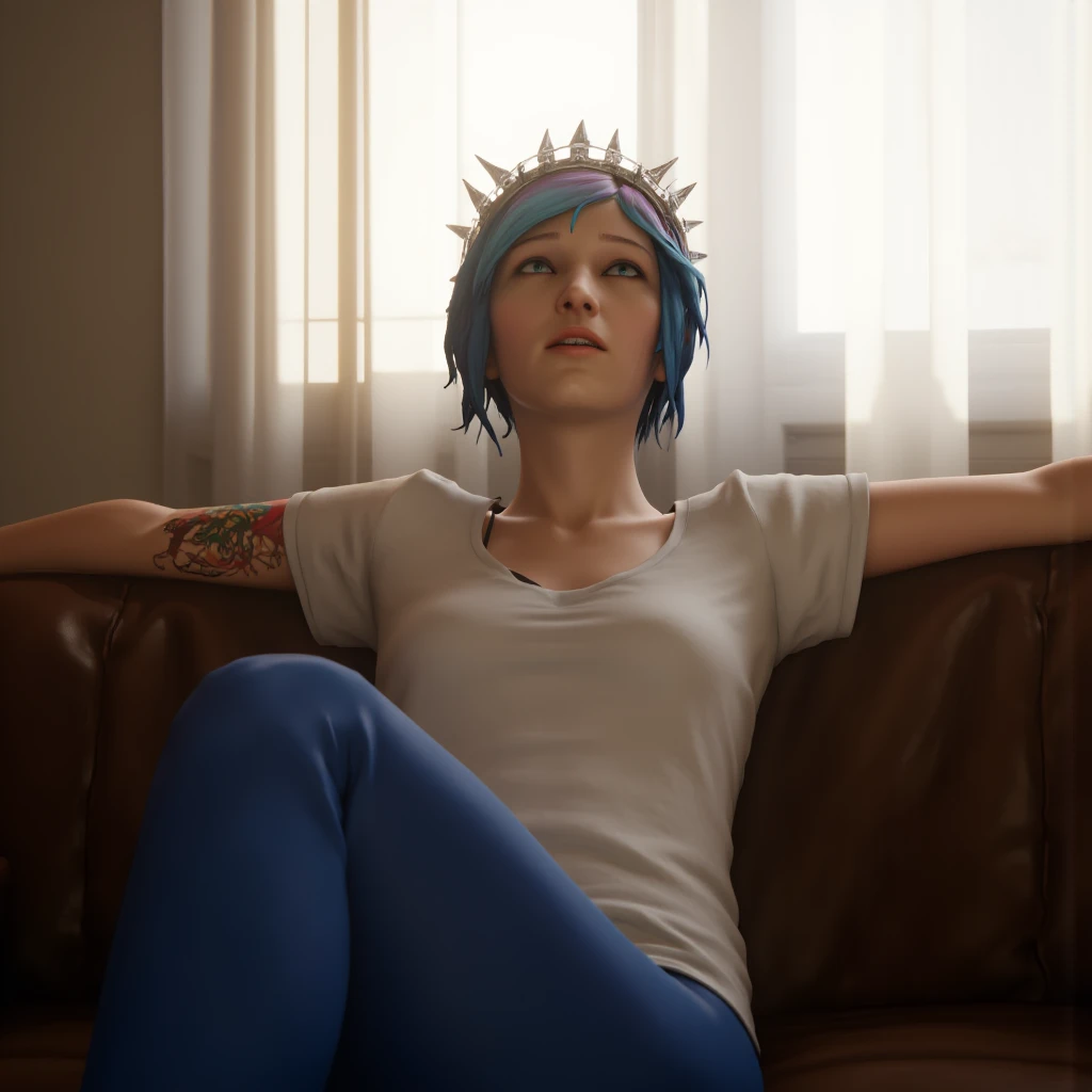 A professional photograph shows Chloe Price  (Life Is Strange), sitting relaxed on a brown sofa,  tilting her head back and extending an arm along the back of the sofa, She is wearing a white t-shirt and blue pants.  she wears a crown of thorns made of white diamonds ,  natural lighting , Rays of light enter through a window covered with translucent white curtains, The angle of the photo is slightly elevated and facing her.