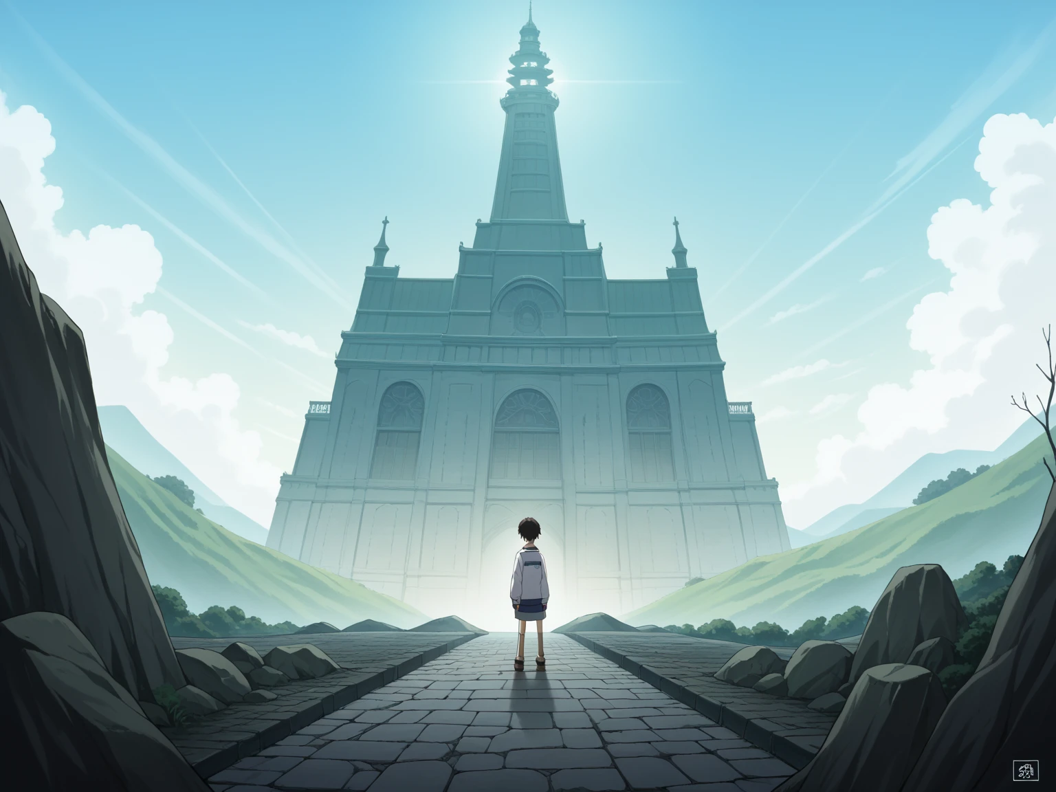  anime girl sitting on a rock and staring at the sky,A tower piercing the sky far, far away, Makoto Shinkai cyril rolando,  anime art wallpaper 4k ,  Anime Art Wallpaper 4K, Cyril Roland and Fujita Goro ,  anime art wallpaper 8k , 4k anime wallpaper, anime wallpaper 4k,  anime wallpaper 4k , ( ( Makoto Shinkai ) ), Makoto Shinkai!