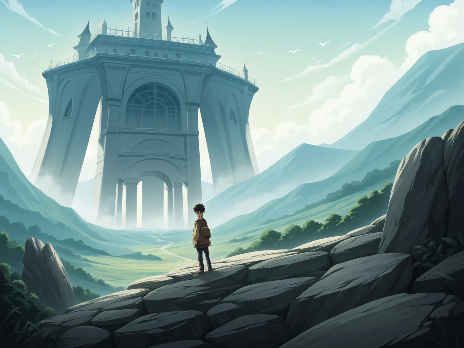  anime girl sitting on a rock and staring at the sky,A tower piercing the sky far, far away, Makoto Shinkai cyril rolando,  anime art wallpaper 4k ,  Anime Art Wallpaper 4K, Cyril Roland and Fujita Goro ,  anime art wallpaper 8k , 4k anime wallpaper, anime wallpaper 4k,  anime wallpaper 4k , ( ( Makoto Shinkai ) ), Makoto Shinkai!