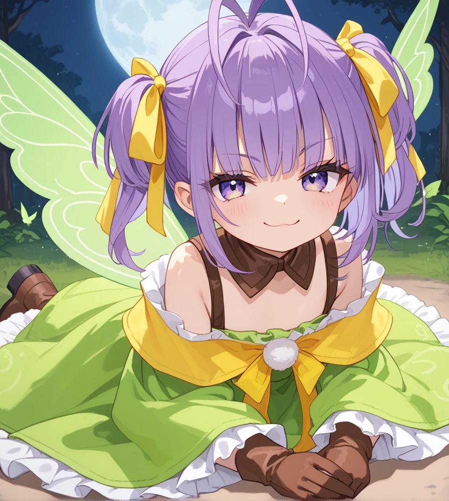 ((masterpiece,best quality:1.2)),Muryan,(((lie on own stomach:1.2))),blue moon,Evil smug face,purple hair,antenna hair,twintails,single sidelock,((yellow ribbon:1.2)),green dress,purple eyes,detached collar,frills,bare shoulders,bike shorts,brown gloves,brown boots,fairy wings