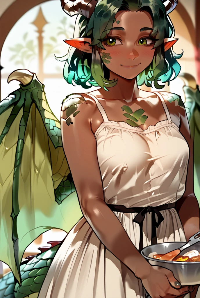 masterpiece, best quality, highres, soft lighting, best quality, hyper detailed, unexposed breasts, young women, young female, 1girl, green wings, horns, solo, dragon girl, dark skin, colored skin, monster girl, (scales:1.5), dragon horns, dragon wings, curly green hair, sundress, cooking food, (darkskin:1.5), soft smile, gentle smile, cute, light smile, round eyes, shy, sundress, Pointy Ears, Medium Hair, Happy, Light Smile, Closed Mouth, 