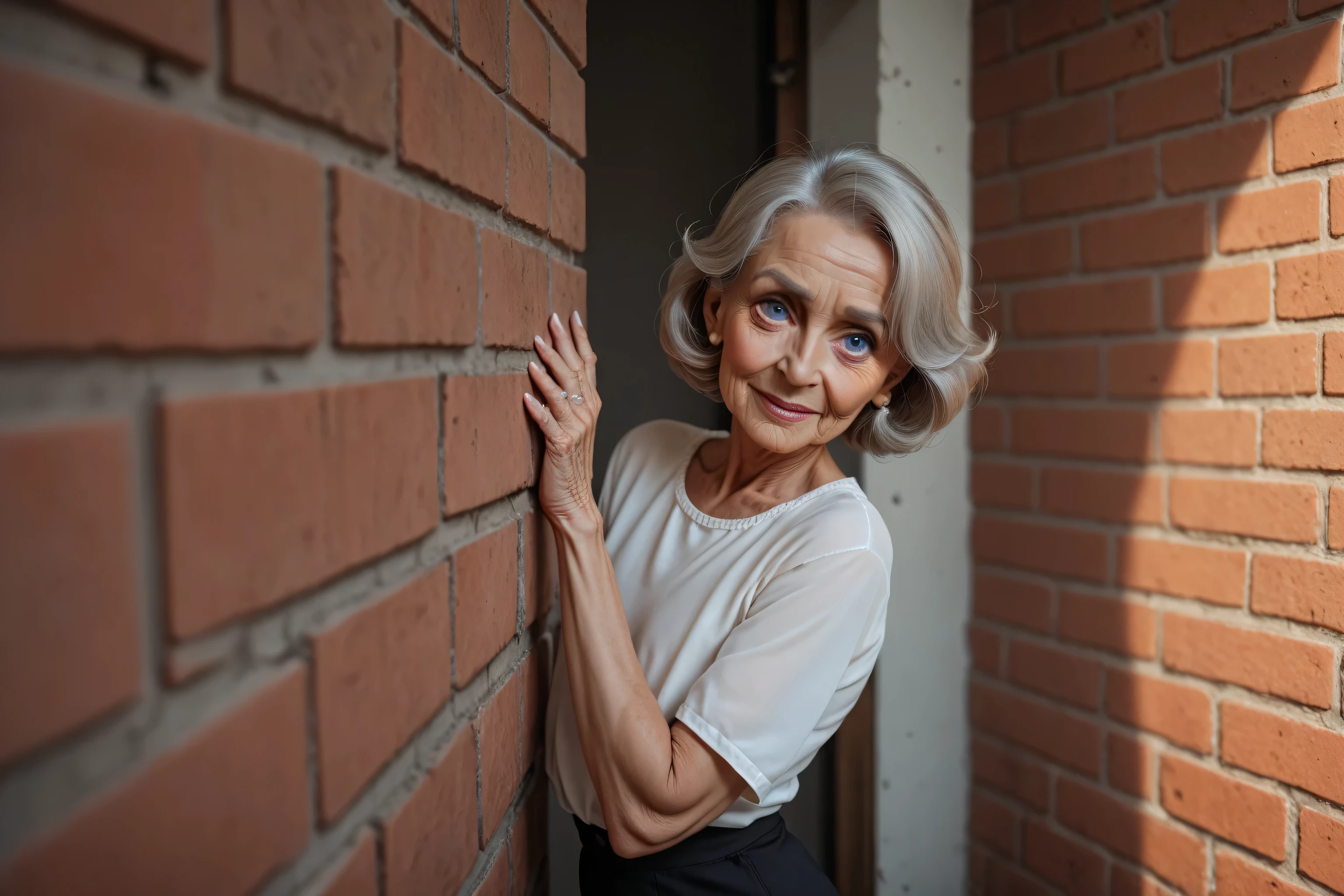 score_9, score_8_up, score_7_up, elderly woman_wrinkles,peeringfrom behind brick wall , hands on wall, big eyes ,gasping look short hair_gray, flat chest, sleeved blouse