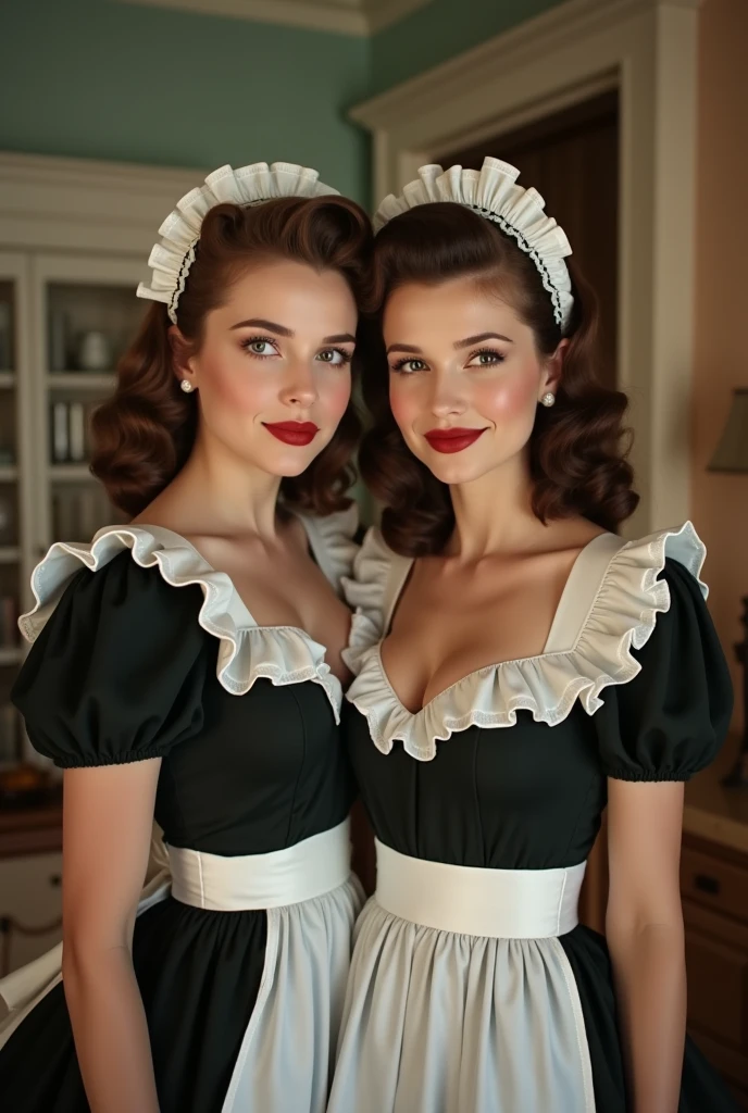 a photo of caraBuo1 wearing a milk maid dress, (red milk maid dress), (upright pin curl hairstyle), (blonde hair), (kitchen background), elegant, highly detailed. vibrant, photorealistic, realistic, sharp focus, 8k