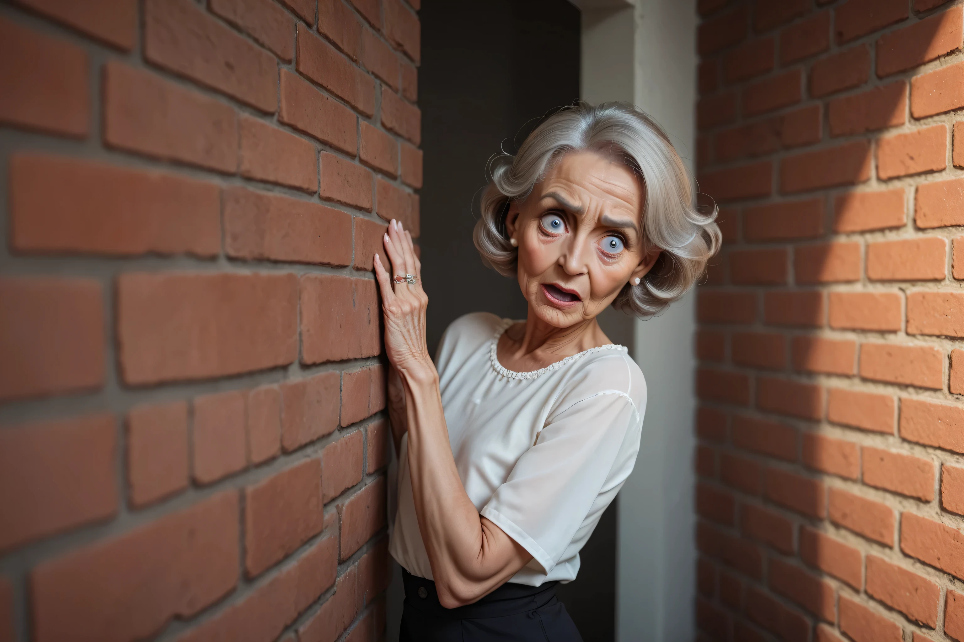 score_9, score_8_up, score_7_up, elderly woman_wrinkles,peeringfrom behind brick wall , hands on wall, big eyes ,gasping look shocked wide eyes, short hair_gray, flat chest, sleeved blouse