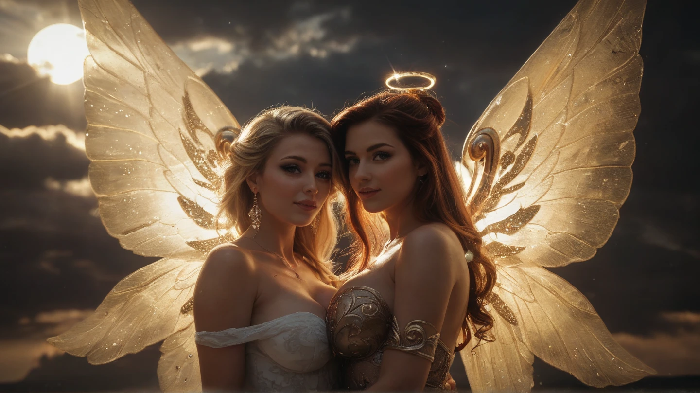 (8k, Foto RAW, melhor qualidade, senhor:1.2), (Realistic, photo-Realistic:1.37) Uma jovem loira com vestido branco com asas, the wing on the right is that of a devil and the wing on the left is that of an angel, half angel half demon, symmetrically divided in half between angel and demon, hands hold a heart floating in the middle of the chest