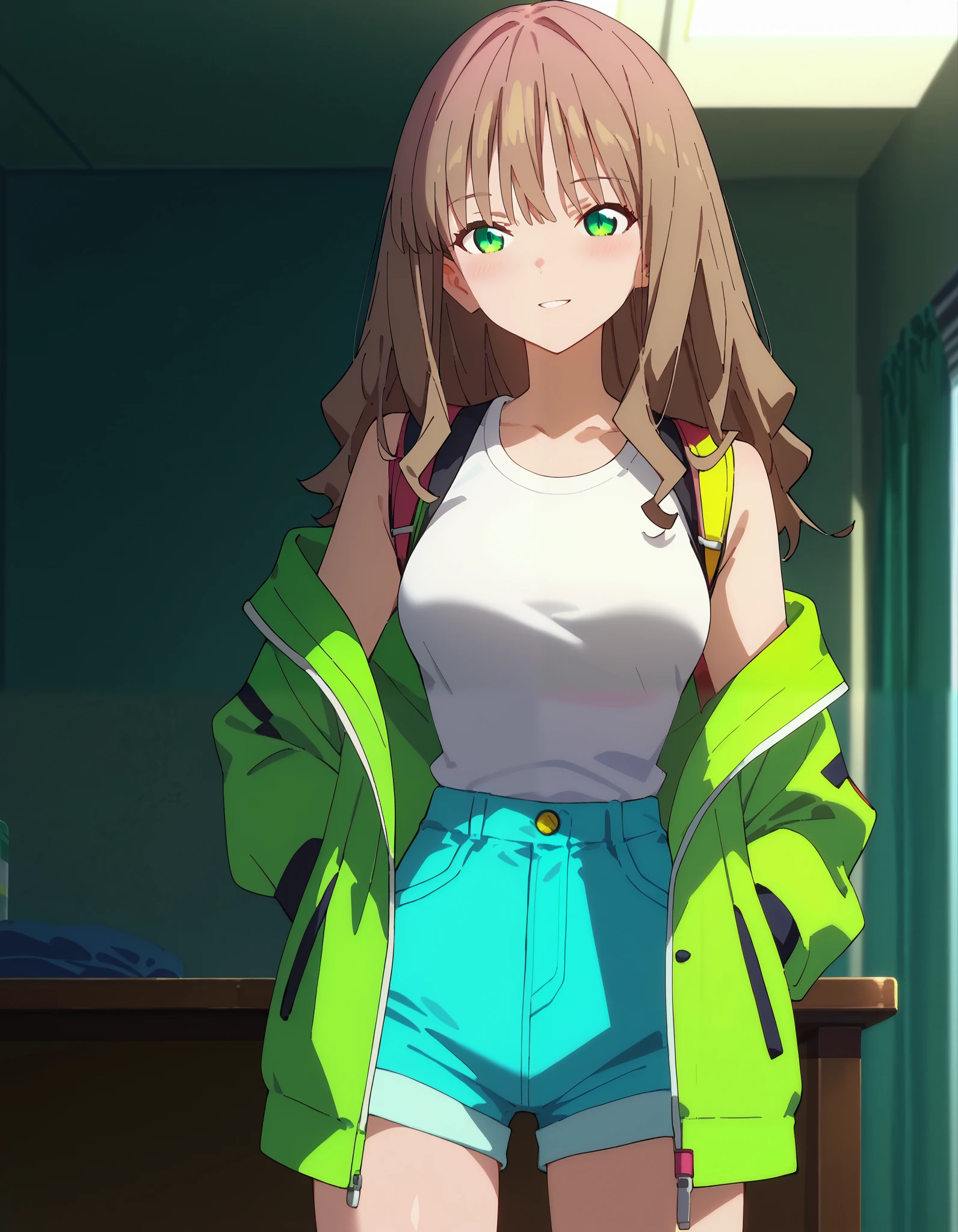 score_9, score_8_up, score_7_up, source_anime, rating_safe, intricate details, anime screencap, anime coloring, official style, yume_minami, 1girl, blush, breasts, brown hair, green eyes, jacket, indoors, long hair, looking at viewer, medium breasts, official alternate costume, pink shorts, shorts, sleeveless, smile, solo, undressing
