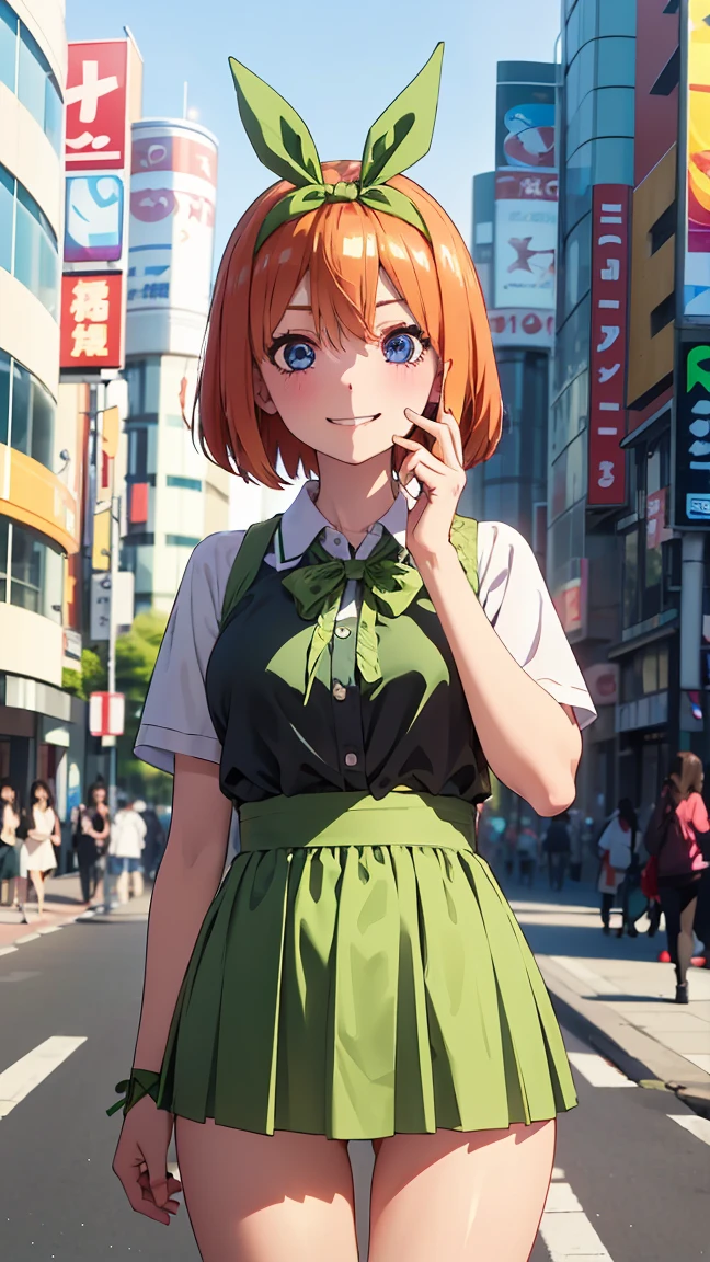 ((8K,Raw,Best Quality,Real 1.2),Ultra High Quality,High Resolution,Best Quality,Perfect Face,Perfect Limbs,Perfect Fingers,High Resolution,(Beautiful Anime Face,Cute Face,Detailed Face),----yotsuba nakano, bangs, short hair, blue eyes, hair between eyes, hair ribbon, hairband, orange hair, (green ribbon:1.5), ,--- solo focus, paiyama, tree, shibuya japan, 109 intersection, real world location, landscape, outdoors, building, ground vehicle, road, street, car, city, daytime Best Quality Background, High Resolution Background, Highly Detailed Background --((-happy smile, 1.3))),((Standing in the Middle of a Square 1.3))),((Waiting for Someone 1.3))),((Blushing and Embarrassed Expression 1.3)), miniature human hand, (((medium bust 1.3))), (((thin thighs 1.3))), perfect anatomy, perfect proportions, nice lighting, bright colors, clean lines, information, blurred, stunning facial expression, restless emotions, gorgeous and cute, beautiful face and eyes with every detail, (masterpiece) beautiful face, young and handsome girl, really perfect skin, blurred, facial expression, restless emotions, gorgeous and cute, beautiful face and eyes with every detail, (Audrey Hepburn), (cute), (J-POP idol), (thighs, (depth of field), (depth of detail), soft light, sparkling lens gaze, (droopy eyes)), straight teeth, shy smile, flowing hair,