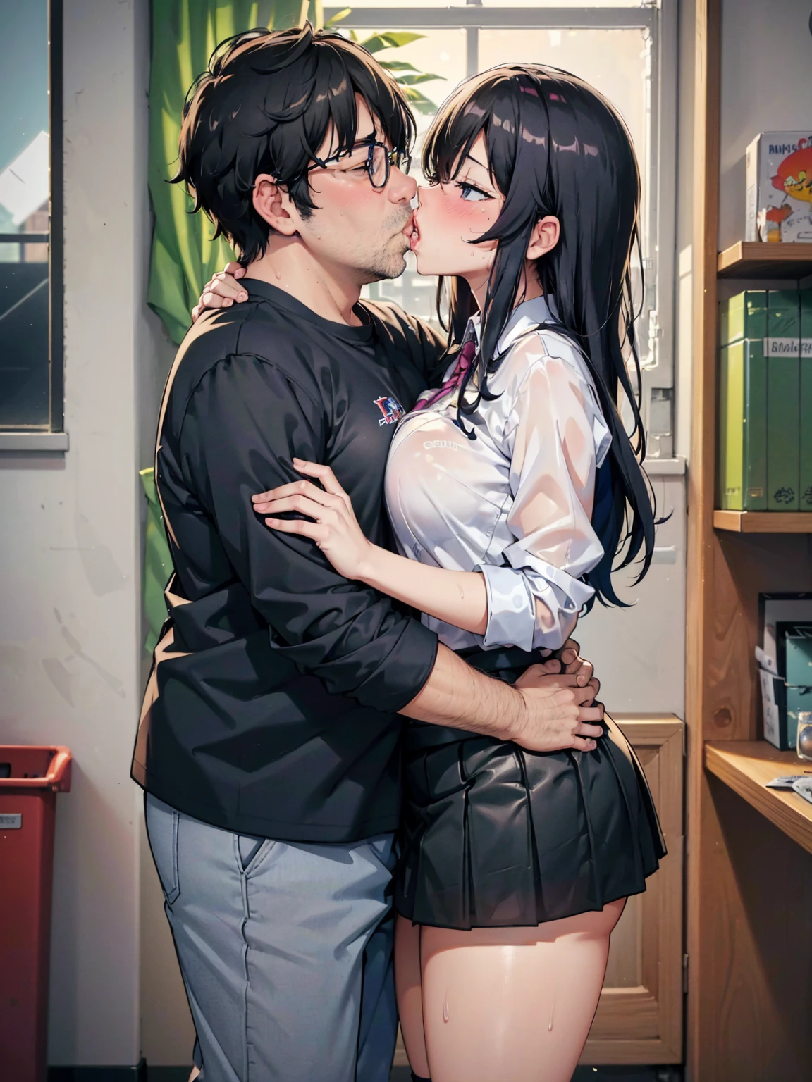 ( one girl,  fat middle aged man:1.2),   high school girl,student,uniform, cosplay,  miniskirt, , ({{kissu), (),  office,  very detailed,  high res, 4K, masterpiece,  high res、( my clothes are see-through :1.2)、Big Breasts, knee-high socks,Mature Woman, chest is empty,We're both sweaty ,(Sweaty skin)