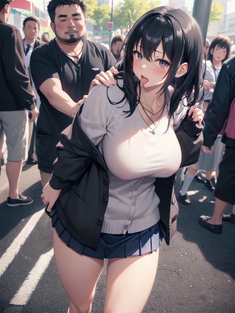          mature woman    、      focus on a dynamic pose     ,   Big Breasts,         school uniform,         sailor suit ,        high school girl  ,           cardigan      ,          cosplay, Big Breasts,               Open your chest wide                , ,(            Miniskirt Length         :1.3),  (グレーの   フロントクロージャー付き        cardigan      ),     ,(           sweated ,  glowing skin:1.1), (   Night Park:1.2),        outdoor      ,sunlight,       Spotlight Effects      , darkroom,(     high image quality,             High Quality        :1.1),             intricate details to highlight arms between arms and legs      ,            Movie Screenplay               ,             1 girl,(,     she's so shy   ),(            necklace           ,              Bracelet That Stares at the Viewer  ),    1 obese man   ,(   man standing in front of a woman   :1.2),(senior citizen),(女性に     penisを向ける:1.2) ((      penis:1.3))、     Side View     ,    ((  fellatio:1.2)),(男の     penisを咥えます),(:1.2),  ,(     penisを舐めます),  