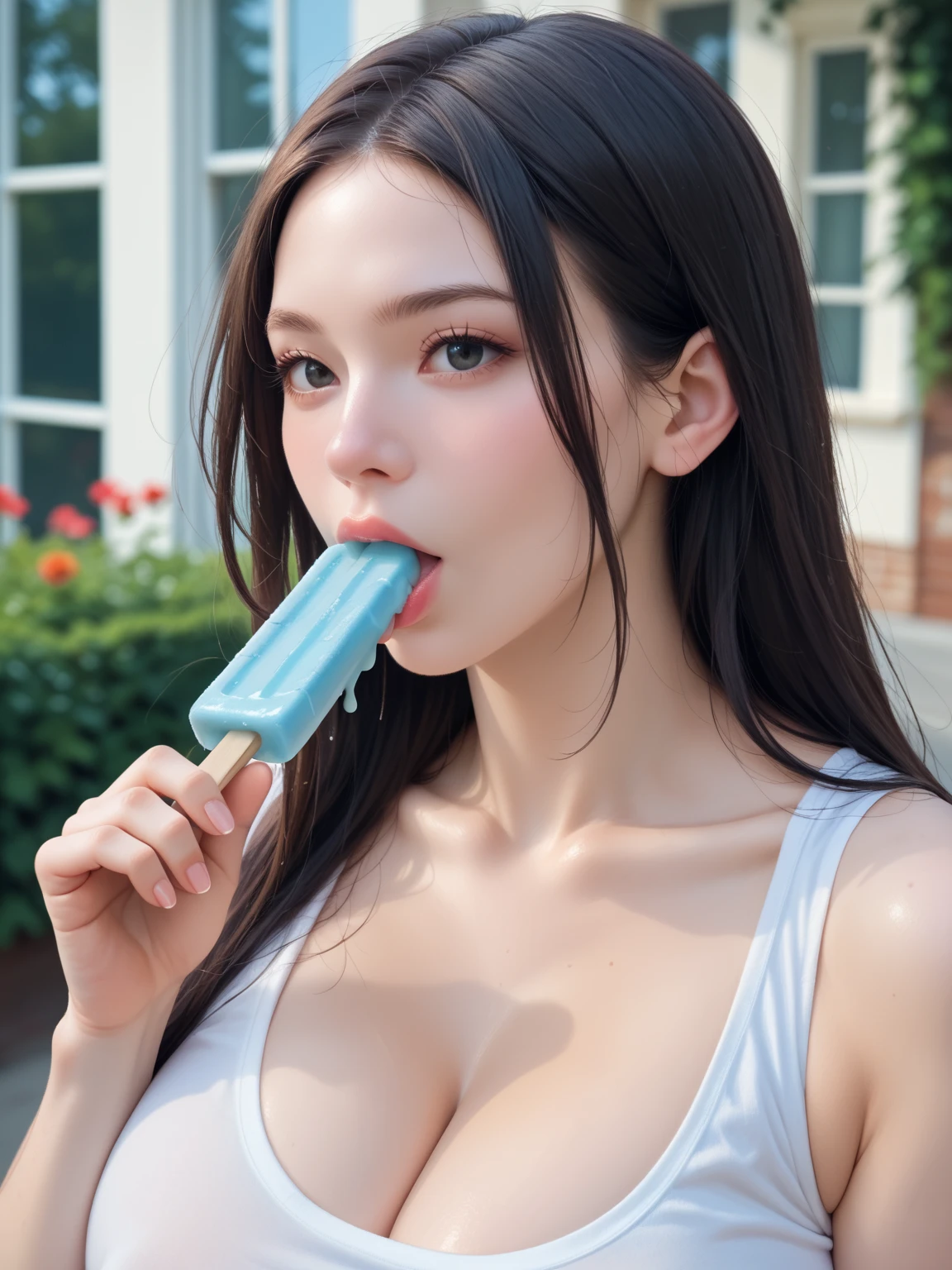Licking ice cream solo, One girl, Open your mouth, tongue, Anatomically correct, Highest quality, chest, Blushing, 