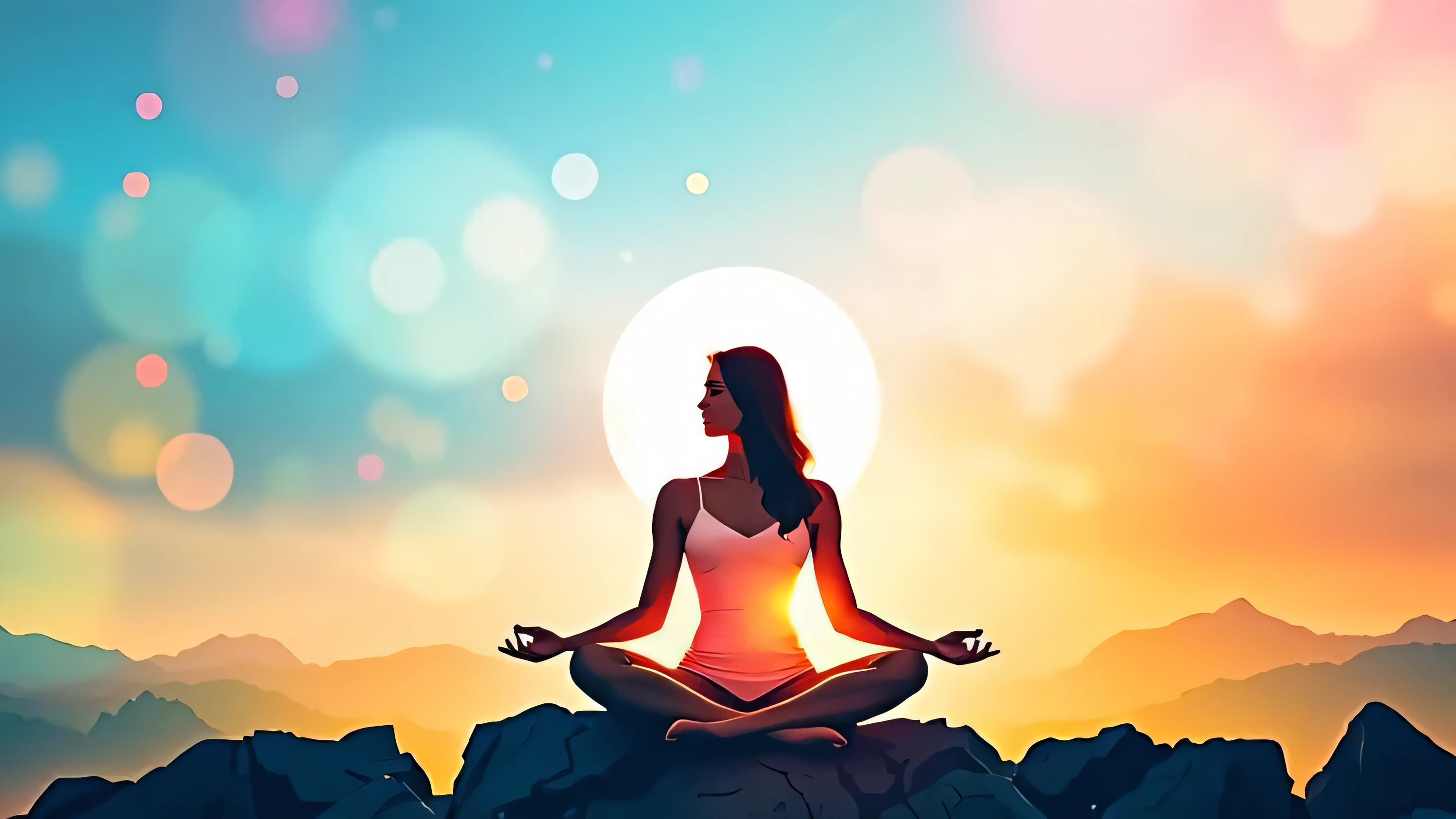 painting of a woman meditating in a peaceful scene, peaceful illustration, the background wallpaper is happiness, relaxing concept art, meditation, peaceful and serene, in a peaceful scene, meditation, mystical background, peaceful environment, quiet, quiet, relaxing, peaceful, peaceful atmosphere, mystical purity, meditation posture, beautiful digital artwork, peaceful and quiet atmosphere, calm and peaceful. Brilliant colors, masterpiece.