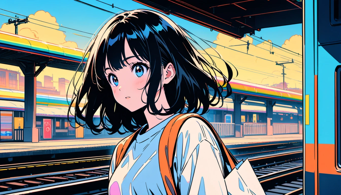 (( black and white images)),(( monochrome image with chromatic colors)),masterpiece, ((( has a bag ))),I'm holding a paper bag、Highest quality, Beautiful attention to detail, Very detailed, In detail, High resolution, Perfect Anatomy, , , Girl, (one person:1.5), alone, (Black Hair), (), (( evening train station platform background holding paper bags))), Background, (City Pop anime),  Kyoto Animation, ,anime, 