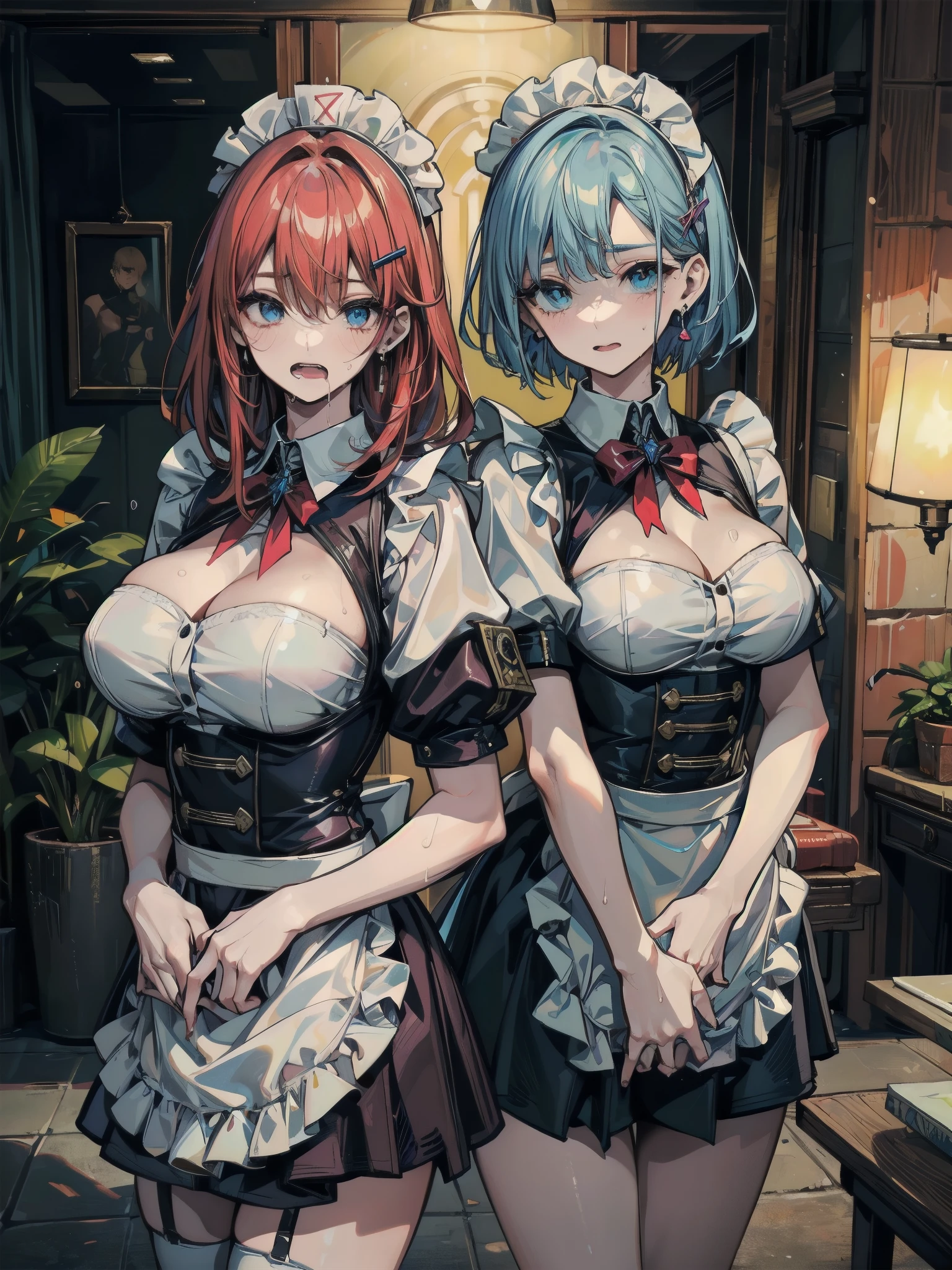 Best quality, Masterpiece, In the daytime,Close-up, Inside the piano shop,two women,A girl, Red hair, Single high ponytail, red color eyes, Medium breasts, black lence stockings, White JK。A mature royal sister,Long blue hair,blue color eyes,Large of breast,black lence stockings,white dresses,Two women chatting face to face