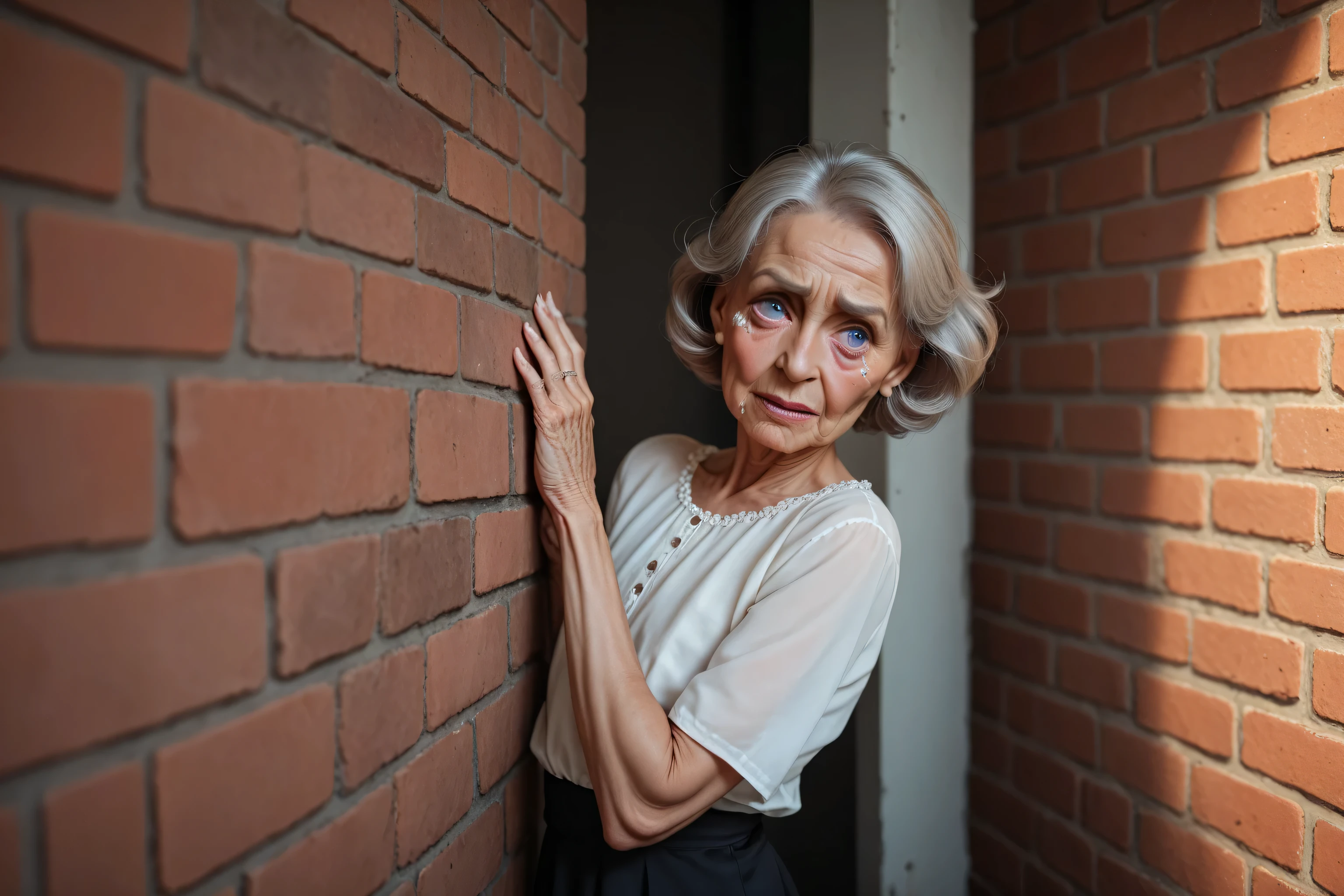 score_9, score_8_up, score_7_up, elderly woman_wrinkles,peeringfrom behind brick wall , hands on wall, big eyes ,crying, short hair_gray, flat chest, sleeved blouse