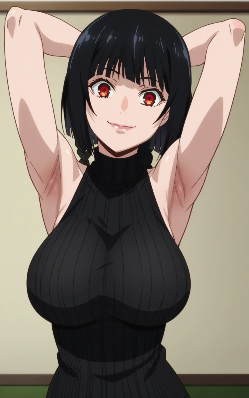 score_9, score_8_up, score_7_up, source_anime, anime screencap, 1girl, solo, jabami yumeko, black hair, red eyes, large breasts, single braid, arms behind head, armpits, looking at viewer, head towards viewer, smile, badhandv4, closed mouth, indoors, black sweater, sleeveless sweater, ribbed sweater, turtleneck 