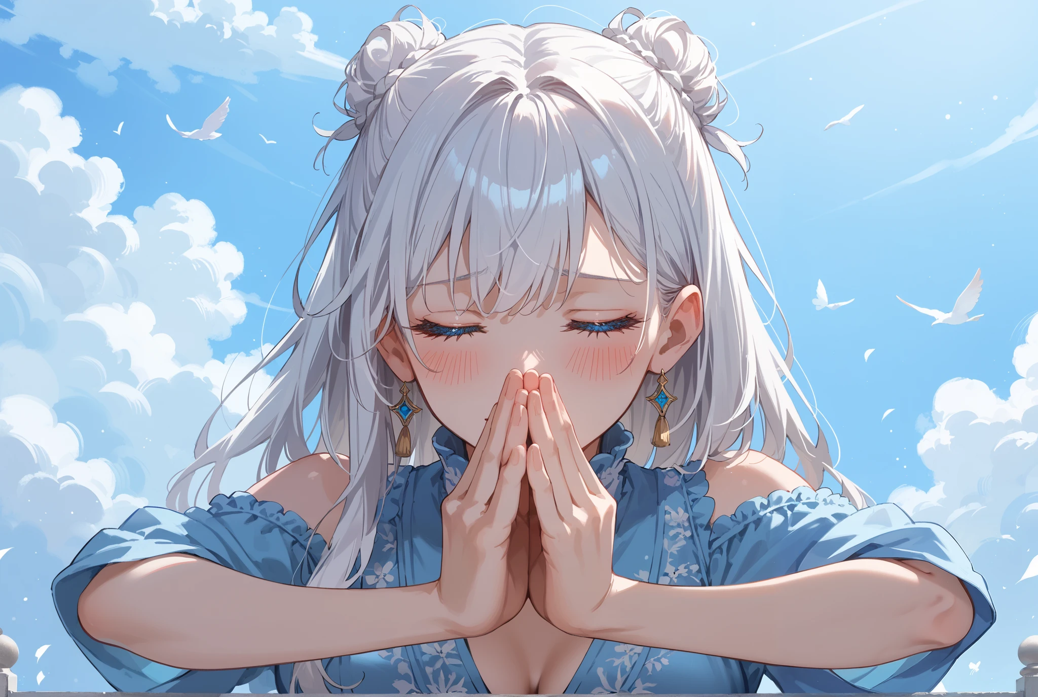 female gojo, blue eyes, doing prayer, hands join, cute girl, fit girl, attractive pure white hair, long white hair, attractive sparkling blue eyes, score_9, score_8_up, score_7_up, source_anime, masterpiece, best quality, praying, in the middle of the night, blush, embarrassed, motion lines, closed eyes