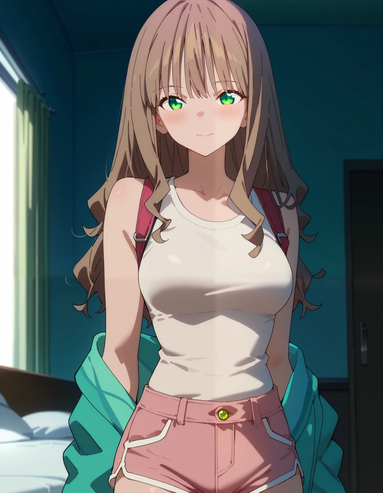 score_9, score_8_up, score_7_up, source_anime, rating_safe, intricate details, anime screencap, anime coloring, official style, yume_minami, 1girl, blush, breasts, brown hair, green eyes, indoors, long hair, looking at viewer, medium breasts, official alternate costume, pink shorts, shorts, sleeveless, smile, solo, undressing