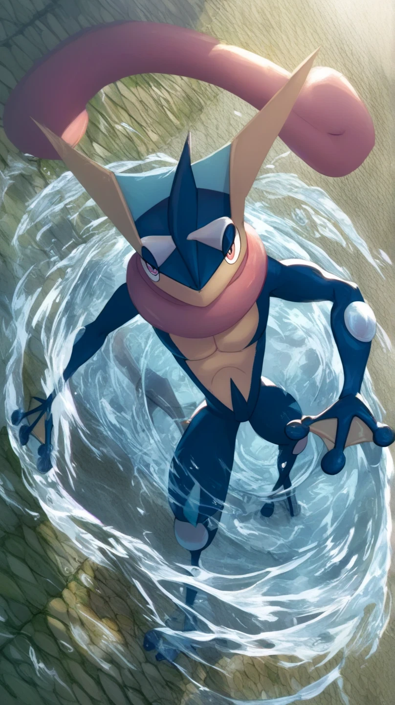  score_9,  score_8_above,  score_7_above,  score_6_above,  score_5_above,  score_4_above,   source  _ hairy, pokemon (creature),  greninja _predetermined, Alone, de pie sobre una pierna, Water,  full body, Ojos rojos, bright paboveils, white paboveils, eyes, male  greninja , pose, legs open front below,  seductive look,  launching water attack , backwards 