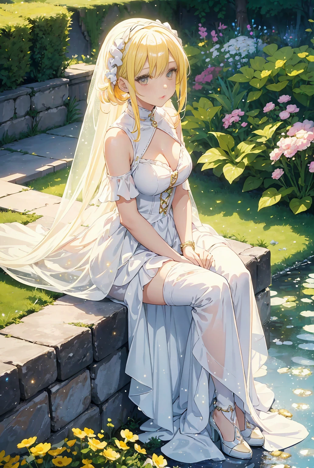 A beautiful, slender girl in a dynamic pose and angle, with a mature body and small breasts, facing the viewer with a smirk, blushing, her blonde hair in a crown braid, wearing a strapless dress with bare shoulders, set in an outdoor environment, inspired by the character Princess Zelda from The Legend of Zelda: Tears of the Kingdom, with