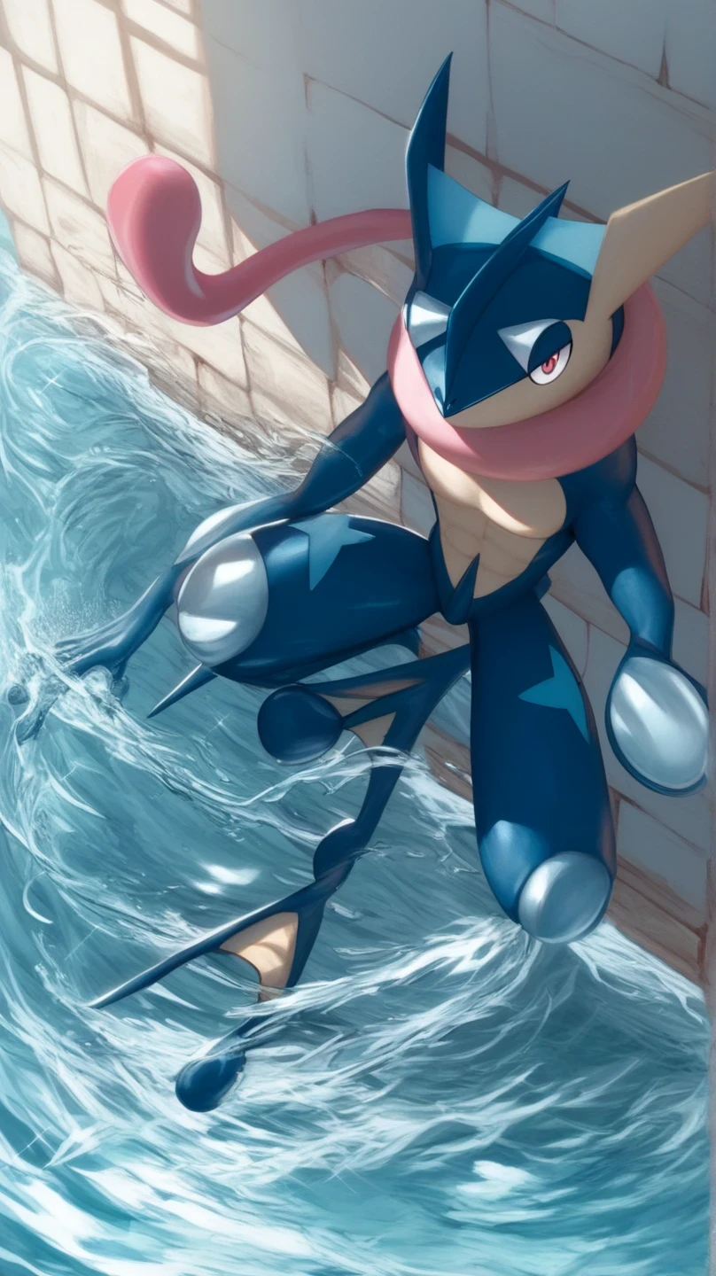  score_9,  score_8_above,  score_7_above,  score_6_above,  score_5_above,  score_4_above,   source  _ hairy, pokemon (creature),  greninja _predetermined, Alone, de pie sobre una pierna, Water,  full body, Ojos rojos, bright paboveils, white paboveils, eyes, male  greninja , FRONT POSE, legs open front below,  seductive look,  Bottom view,  Looking down 