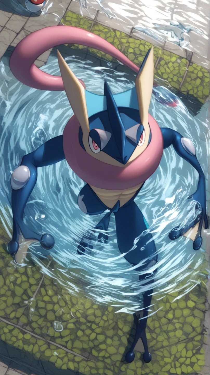  score_9,  score_8_above,  score_7_above,  score_6_above,  score_5_above,  score_4_above,   source  _ hairy, pokemon (creature),  greninja _predetermined, Alone, de pie sobre una pierna, Water,  full body, Ojos rojos, bright paboveils, white paboveils, eyes, male  greninja , FRONT POSE, legs open front below,  seductive look