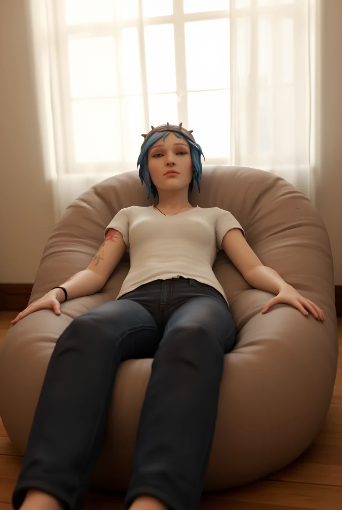 Chloe Price (Life Is Strange),reclines languidly on a light brownish-tan beanbag chair. She wears a simple, white, short-sleeved t-shirt, oversized, and dark-blue, straight-leg jeans, A crown of metal thorns, adorns her head.  Her expression is serene, almost meditative. Her arms are casually extended on the chair. The room's interior is bright, with abundant natural light streaming through sheer white curtains, drawing attention to the soft, warm tones of the room's walls and floor.  The perspective is from a slightly angled, low-positioned camera, looking up at the subject. The overall mood is calm and contemplative, with soft, diffused lighting. The beanbag chair's texture and material are depicted with a smooth, slightly blurred quality. High-key lighting and a warm color palette create a relaxed, peaceful atmosphere.  Photorealistic, cinematic lighting, sharp focus on subject, ultra detailed, studio portrait,  --ar 4:3 --q 3 --s 850