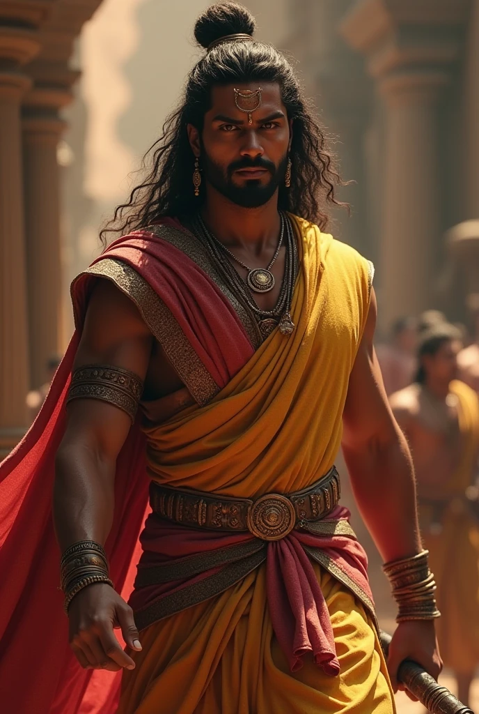 A muscular man with very fair skin, black hair, handsome, tough, wearing ancient Indian clothing. The background is an ancient temple paradise.