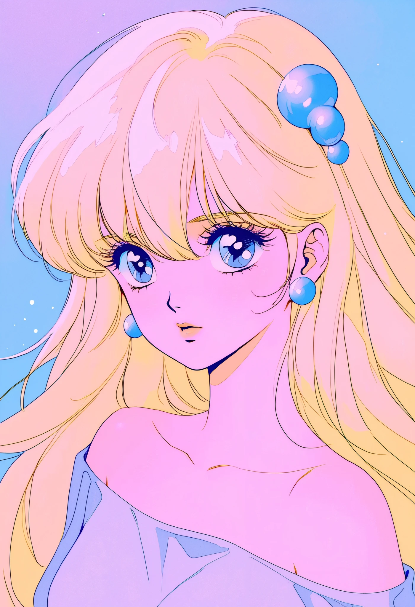 1980s anime style, 1girl, , kawaii, long hair, bangs, hair ornament, hair between eyes, bare shoulder