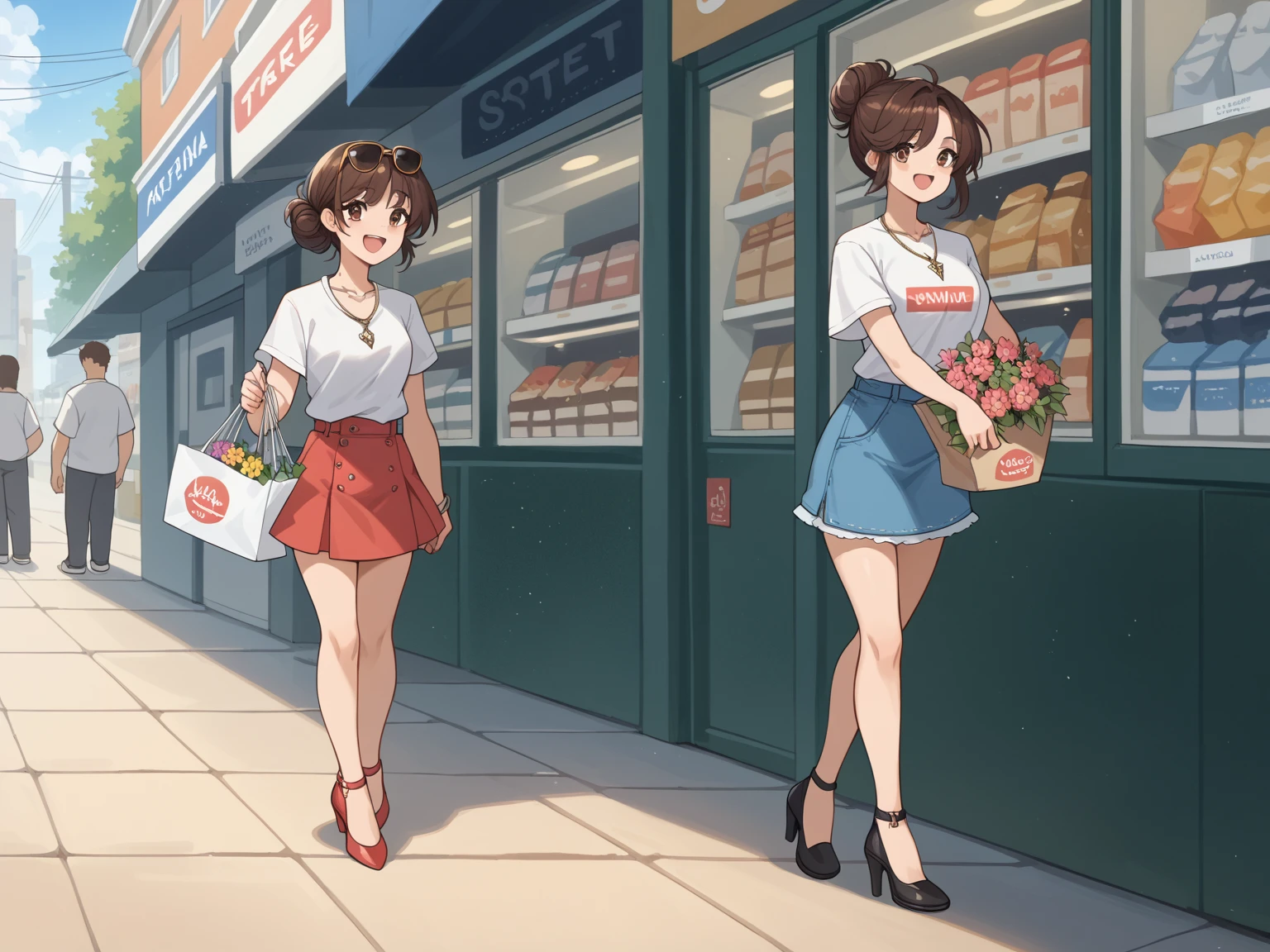  very detailed,  High Quality , masterpiece, 1 female,  streets on a street corner, Holding shopping bags in both hands, Happy expression, Brown Hair,  disheveled hair bun, ( this amazing world : 1.1),  white t-shirt ,  short skirt,  high heels by Miguel, Light Makeup, ( silver necklace: 1.2),  sunglasses on the head, Holding flowers, People in the background々and storefront, Outdoor,  sunny day.