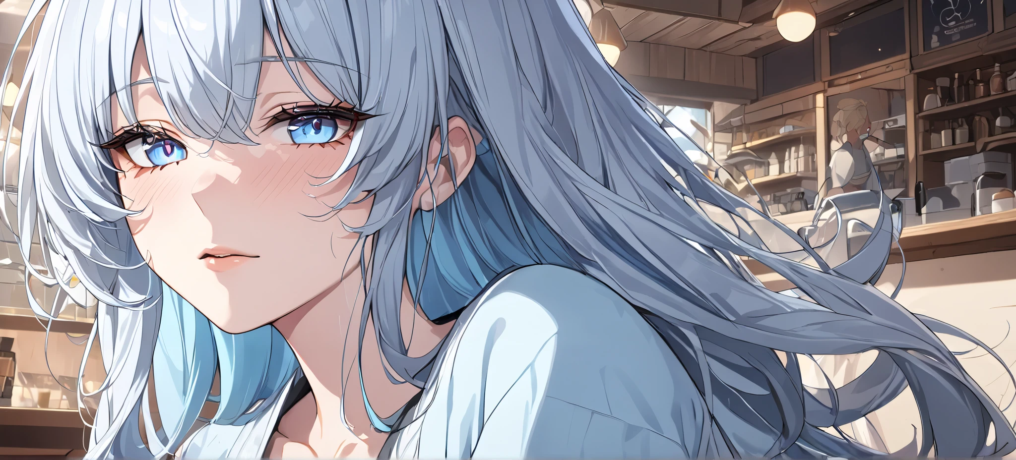 1 girl, A light blue haired girl, (detailed anatomical features, anime style:1.2), (best quality,4k,8k,highres,masterpiece:1.2),ultra-detailed, stunning lighting, soft colors, glowing skin, anime, anime style, blue eyes, cafe, UHD, retina, masterpiece, accurate, anatomically correct, textured skin, super detail, high details, high quality, award winning, best quality, highres, 16k, expressions, sweater, perspective, unaestheticXL_cbp62 , HDA_CableKnitXL, NegPDXL-DHP, Stable_Yogis_Animetoon_Negatives, Stable_Yogis_Animetoon_Negatives-neg, sleep, sleepy face 2.0