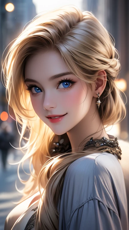     Super high resolution  、  top quality 、masterpiece:1.2、Realistic headshot，   beautiful woman alone in the city   、２9 years old、    model 、 blondes、     blue eyes、 Wear luxury brand clothes  、   cute pose  、smile、((    cowboy shot ))、((     female close-up     ))，Professional photography，