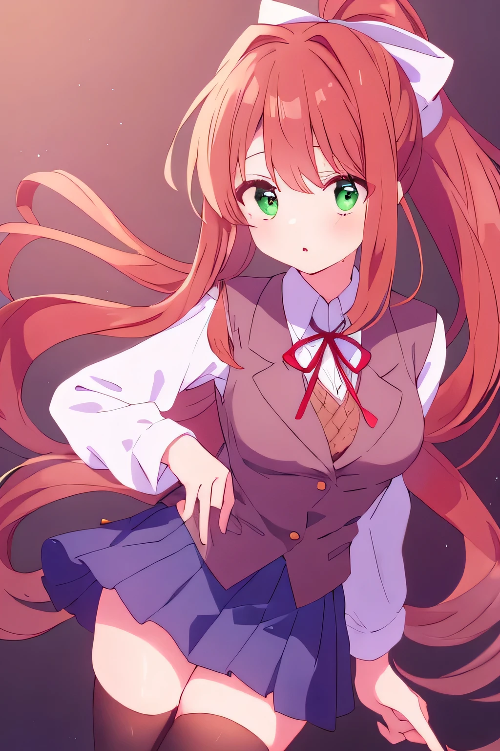 
Monika has extensively long coral brown hair (which she keeps in a high ponytail tied back with a large white bow, slightly curled at the ends. She has two prominent strands of hair next to her bangs that reach just past her chest His eyes are emerald green. She wears a typical school uniform, which is a warm gray blazer over a brown vest, and underneath, a white collared shirt, topped with a red ribbon. She also wears a dark blue skirt, black thigh-high stockings.