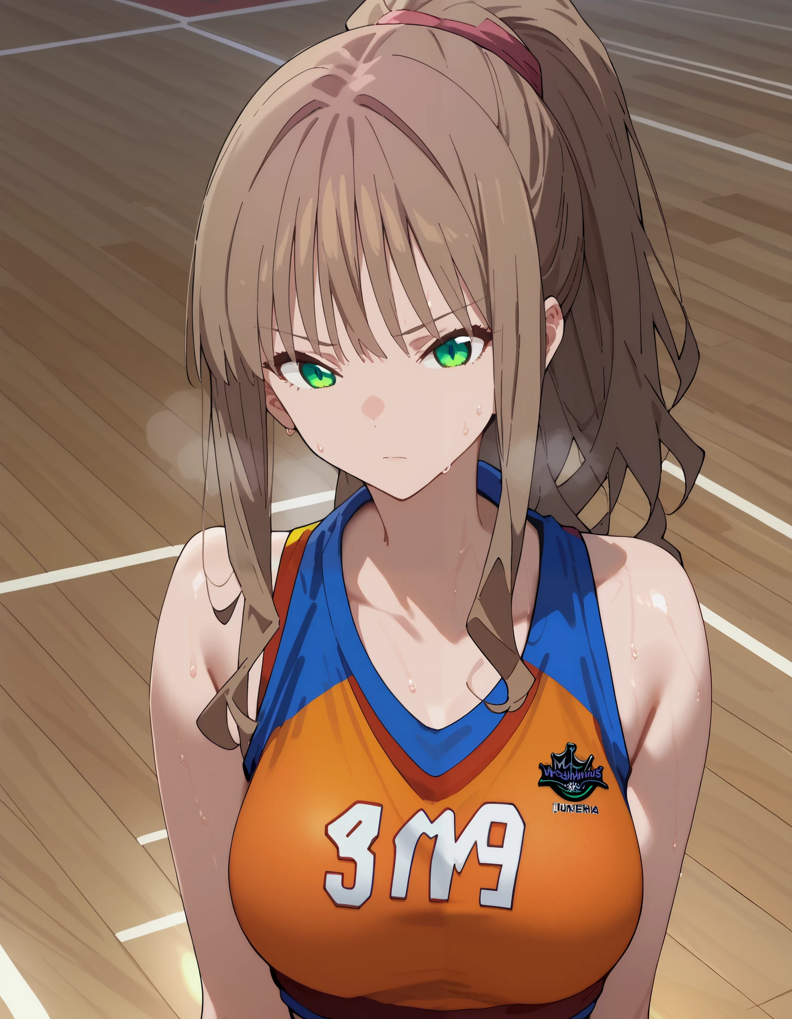 score_9, score_8_up, score_7_up, source_anime, rating_safe, intricate details, anime screencap, anime coloring, official style, yume_minami, 1girl, basketball jersey, basketball uniform, brown hair, green eyes, jersey, long hair, looking at viewer, medium breasts, official alternate costume, ponytail, solo, sports bra, sportswear, sweat
