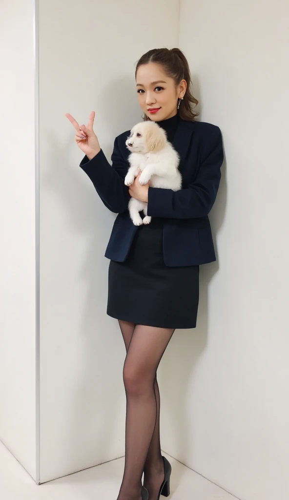 suit、 black pantyhose holding a puppy、short black skirt、heel