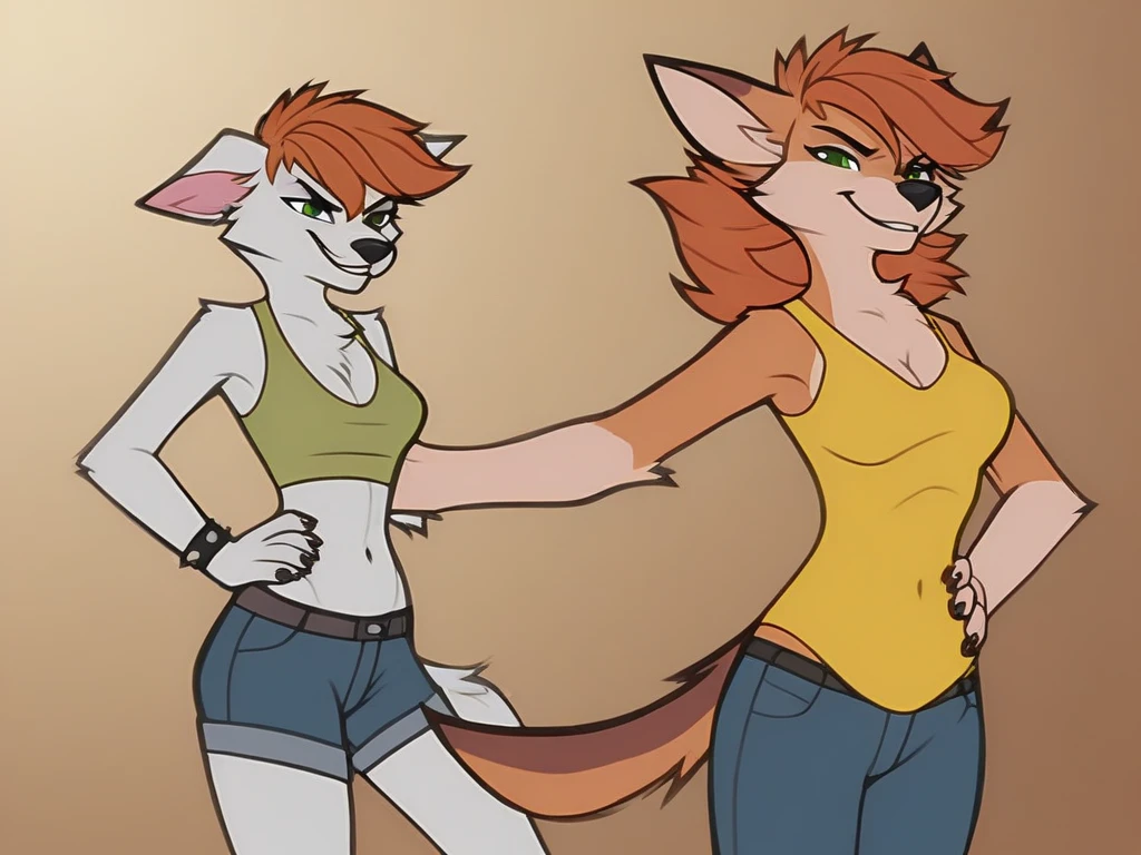 The character in the image is an anthropomorphic canine with a confident and approachable design, blending retro aesthetics with contemporary personality. Here’s a detailed description:

Character Design:
Fur and Features: Her fur is a warm, earthy brown, with soft white accents on her belly, muzzle, and the tip of her fluffy tail. The contrast gives her a lively and approachable look. Her triangular ears are alert and expressive, with white fur inside, adding to her charm.
Face and Expression: She has sharp, green eyes that sparkle with energy and mischief, framed by subtle lashes. Her slightly angular face carries a confident smirk, exuding self-assurance and a hint of sass. Her small, black nose and carefully shaped eyebrows give her a distinct cartoon charisma.
Hair: Her hair is voluminous and wild, spiked backward in an untamed yet stylish manner. The design makes her look bold and adventurous, as though she's always ready for action or fun.
Clothing: She wears a mustard-yellow tank top that fits snugly, showcasing her strong, curvy physique. Her dark blue shorts are casual but practical, adding to her active and laid-back vibe. Together, the outfit complements her vibrant and outgoing personality.
Build: Her physique is robust and athletic, with well-defined limbs and a slightly stocky frame that suggests she’s both strong and energetic. Her large, expressive paws add a layer of cartoon exaggeration, perfect for dynamic expressions and gestures.
Scene Description: Talking with Friends
Picture the character standing amidst a group of friends, her lively personality shining as she engages them in conversation:

She stands with one hand resting on her hip, the other gesturing animatedly as she speaks. Her expressive green eyes dart between her friends, full of excitement and focus. Her wide, confident smile stretches across her face as she shares a story, her voice carrying a slightly playful tone. Her tail swishes lightly behind her, subtly reflecting her upbeat