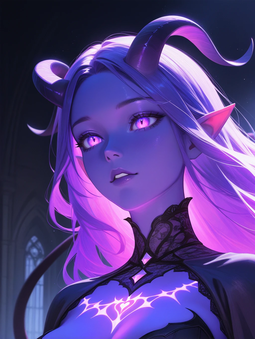 a beautiful pink woman like a devil demon with pink pink skin and long white hair that goes to the ground make her like a sorceress in a setting full of magic and mystery a character for medieval rpg, her skin is blue as in avatar, horns and pointed tail like a demon, blue skin, blue skin color, cobalt blue skin, blue skin like in the movie avatar
