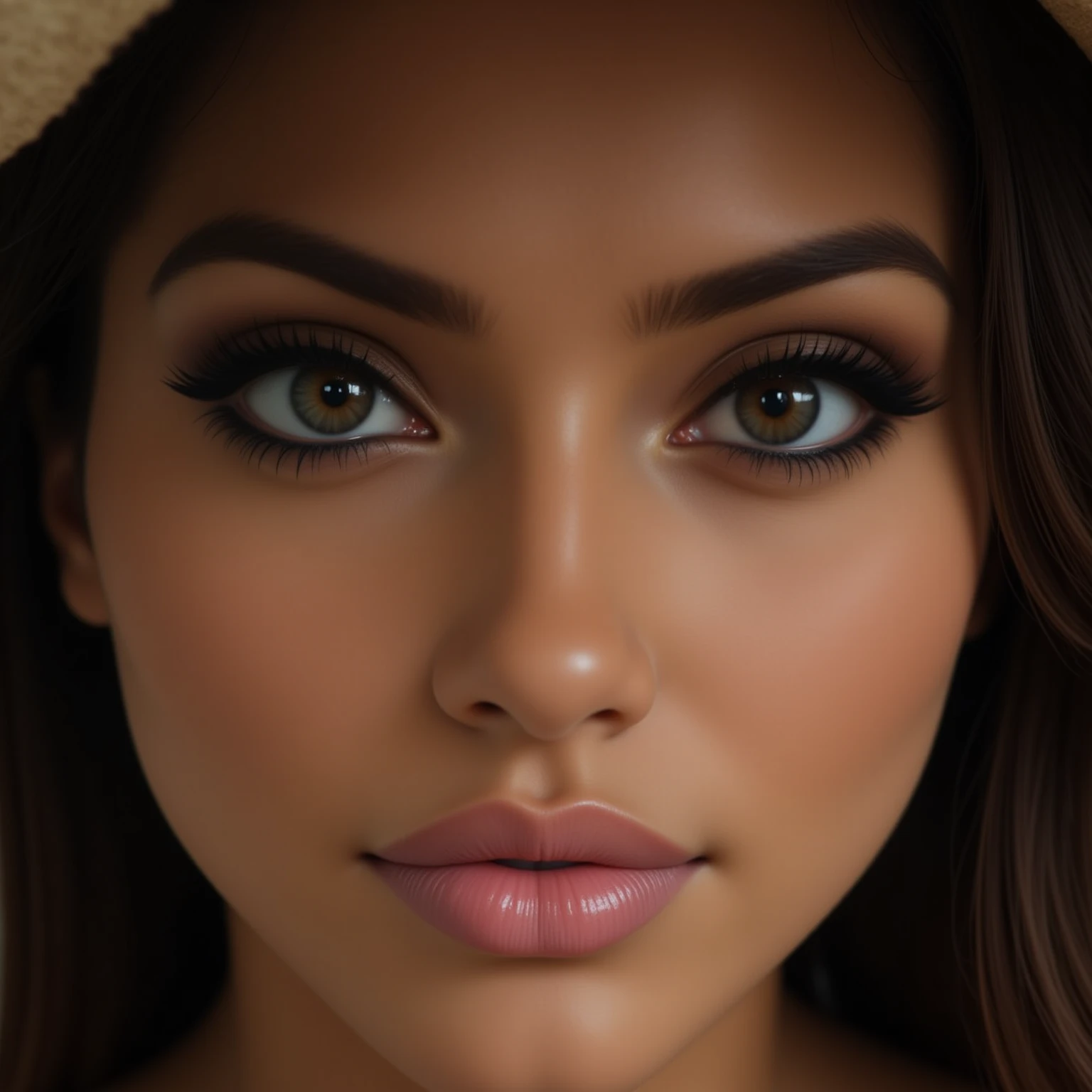 A close portrait of a woman, focusing on her eyes.  tanned, dark eyes, brown hair,, realistic, 4K, ultra detailed photography, sharp image,