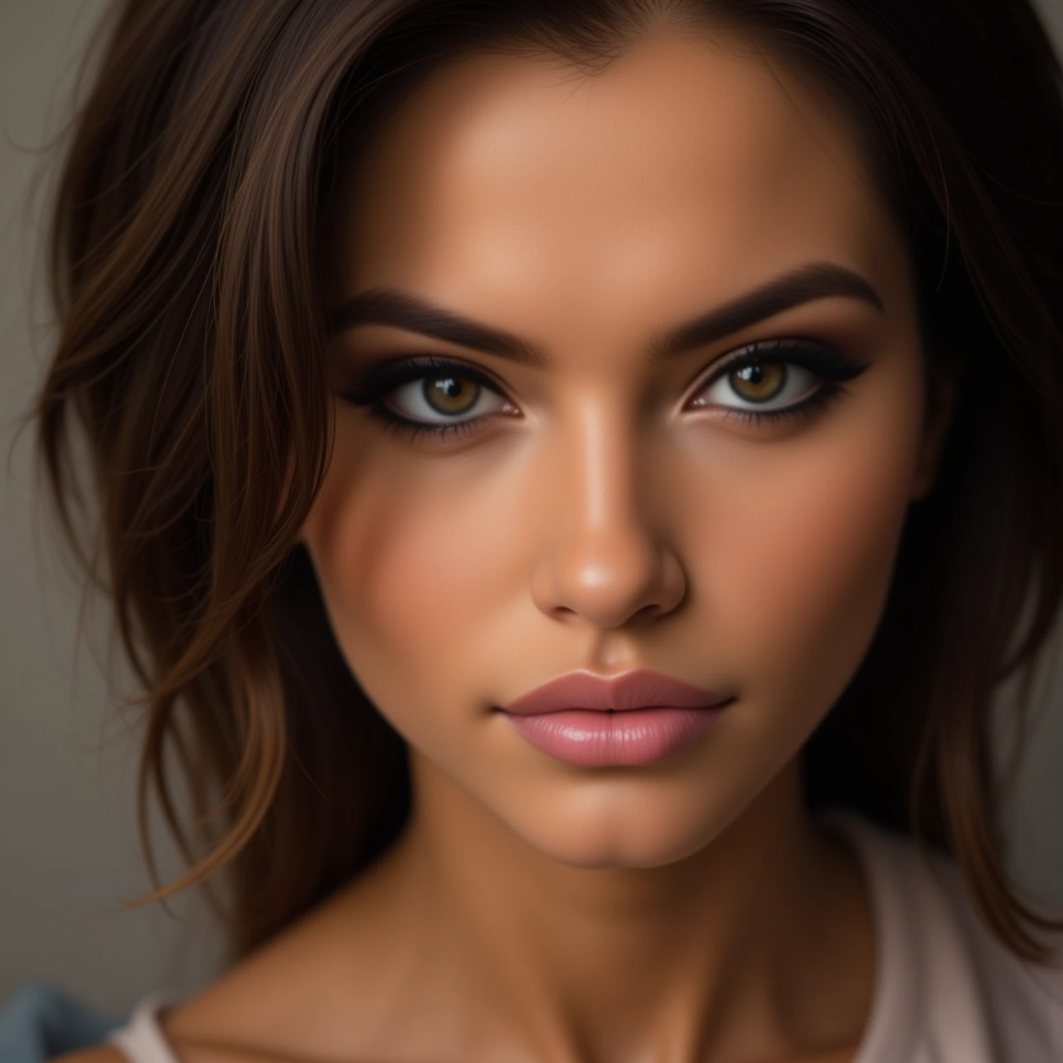 A close portrait of a woman, focusing on her eyes.  tanned, dark eyes, brown hair,, realistic, 4K, ultra detailed photography, sharp image,