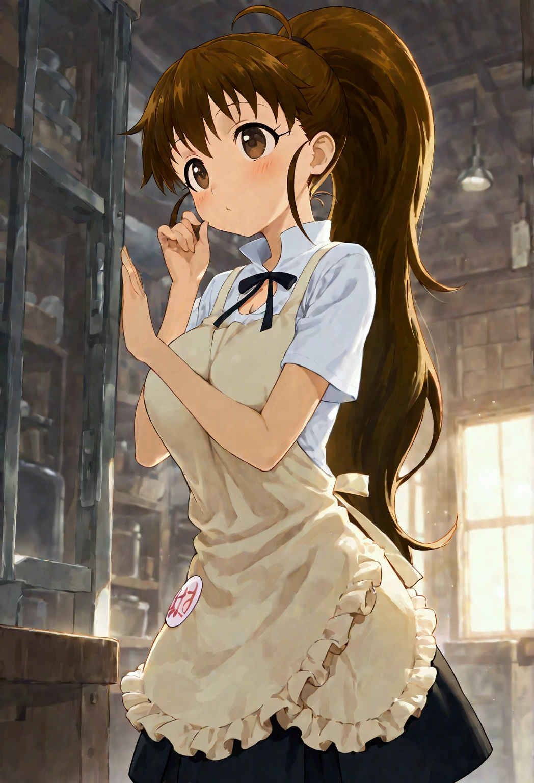 nsfw , takamachi nanoha , lyrical nanoha , (((highres official art))) , (((Anime Pinups))) , (((1girl))) , (((solo))) , (((a little lighter brown hair))) , (((twintails))) , (((blue eyes))), (((white ribbon))) , highres, 12yo, lawson uniform, employee uniform, shirt, name tag, short sleeves, striped shirt, striped, vertical-striped shirt, blue shirt, vertical stripes, alternate costume , (((lift skirt))), (((skirt hold))) , (((no panties))) 