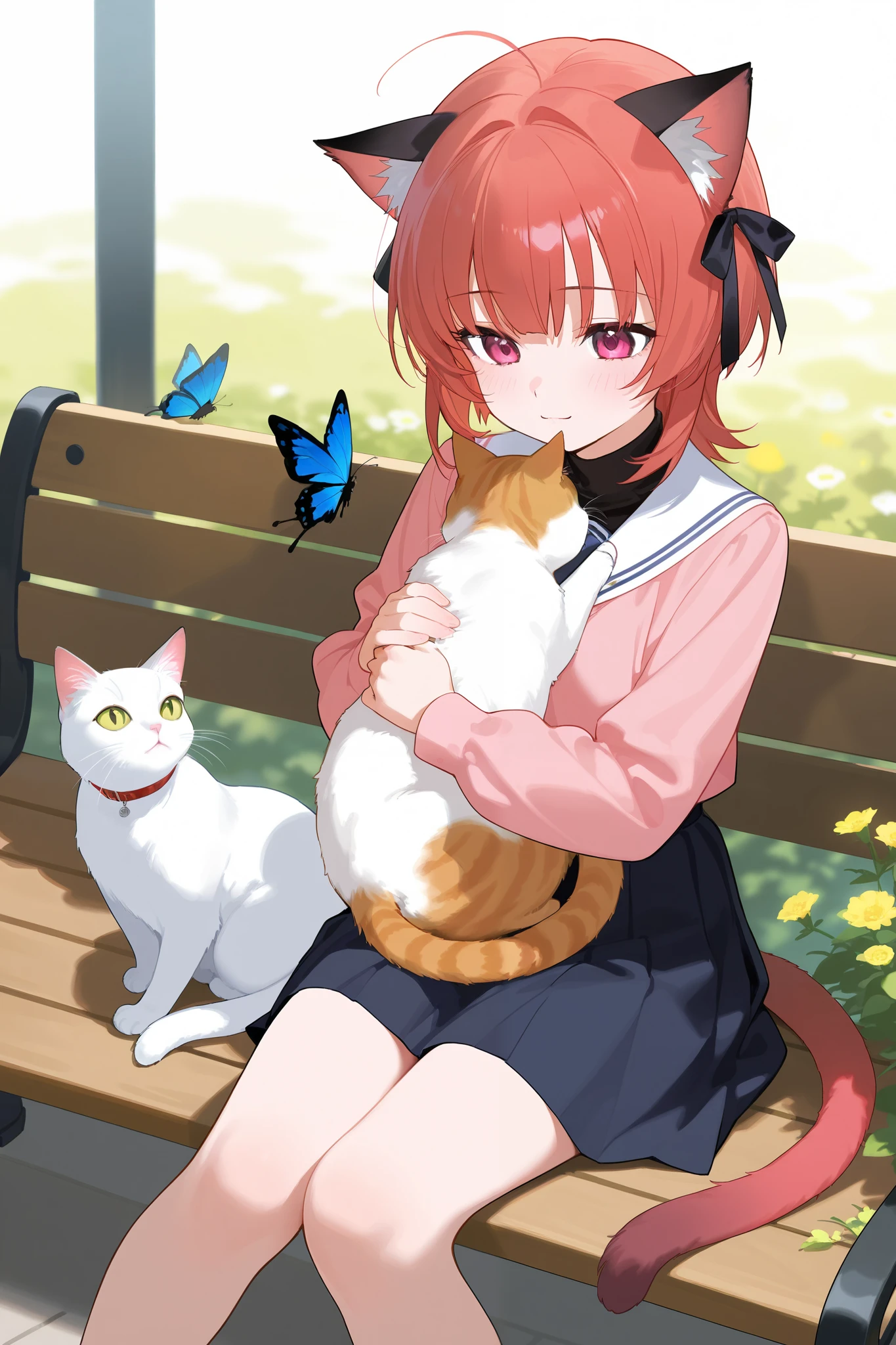 Anime girl sitting on a bench with cat and butterfly, very beautiful and cute girl with cat ears