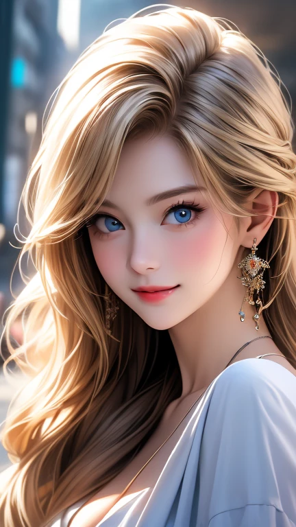     Super high resolution  、  top quality 、masterpiece:1.2、Realistic headshot，   beautiful woman alone in the city   、２9 years old、    model 、 blondes、     blue eyes、 Wear luxury brand clothes  、   cute pose  、smile、((    full shot ))、((     close-up of a woman getting scouted     ))，Professional photography，