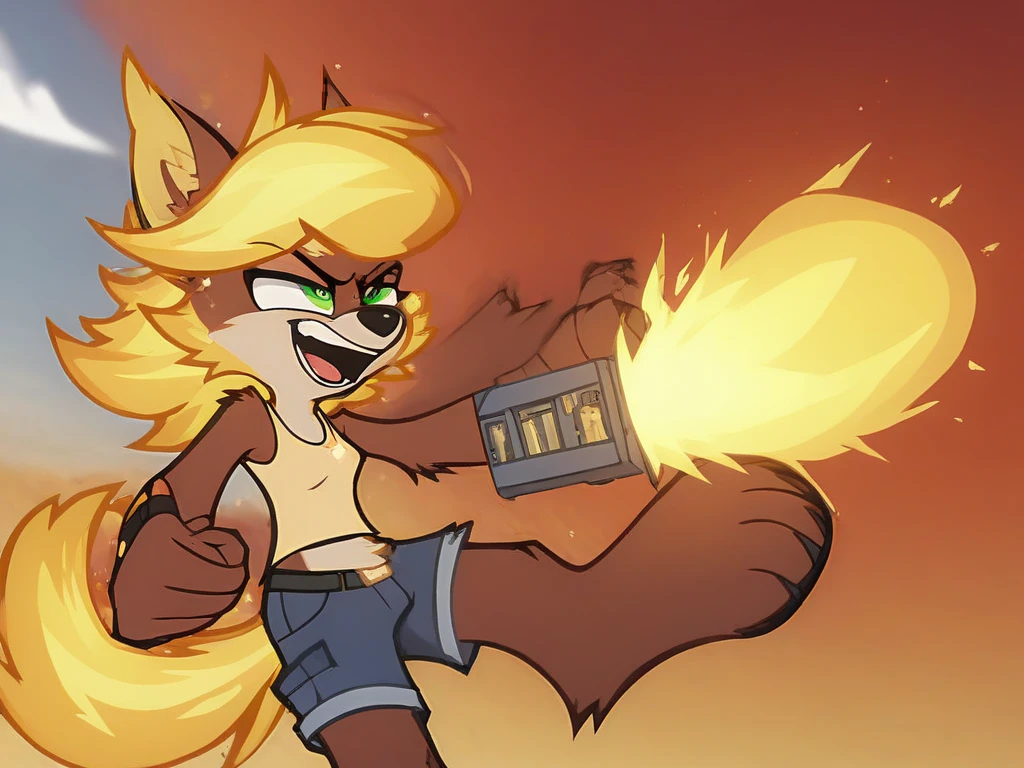 The character in the image, with her retro, anthropomorphic canine design, is filled with personality and charm. Here’s a breakdown of her appearance and the dramatic "Game Over" moment described in a video-game-inspired scenario:

Character Design
Fur and Color: Her warm brown fur and white belly patch create a classic cartoon aesthetic, evoking a nostalgic feel. The white tip on her bushy tail adds a touch of contrast.
Expression: Her narrowed green eyes and sly smirk give her a feisty and confident demeanor, perfect for a protagonist in an action-packed video game.
Clothing: Her mustard-yellow tank top and dark blue shorts complement her athletic build, making her look ready for action, whether she’s skating or battling enemies.
Build: She’s stocky yet agile, with strong limbs and expressive paws—ideal for a character who takes on tough challenges.
The "Game Over" Scene Description
The scene is tense as the character faces off against a powerful boss in a digital, arcade-style environment. As the foe launches a devastating attack—a glowing, explosive projectile—she tries to dodge, but the impact is unavoidable.

The Moment of Impact:
The projectile connects, engulfing her in a fiery explosion. The screen flashes brightly, filling with pixelated orange, red, and yellow flames. Her body is briefly silhouetted against the blast before it shatters into pieces.
Animation of Destruction:
Her limbs, torso, and head fly apart in exaggerated cartoon fashion, consistent with her animated style. The pieces spiral outward, each breaking into glowing, pixelated fragments as they disappear. Her bushy tail spins in the air before disintegrating into small, sparkling particles. Her tank top and shorts momentarily stretch and tear apart into comical shreds before vanishing.
Sound and Effects:
A dramatic "BOOM!" sound effect accompanies the explosion, followed by a whimsical, descending chime signaling her defeat. The screen briefly glitches, adding to the chaotic, retro video gam