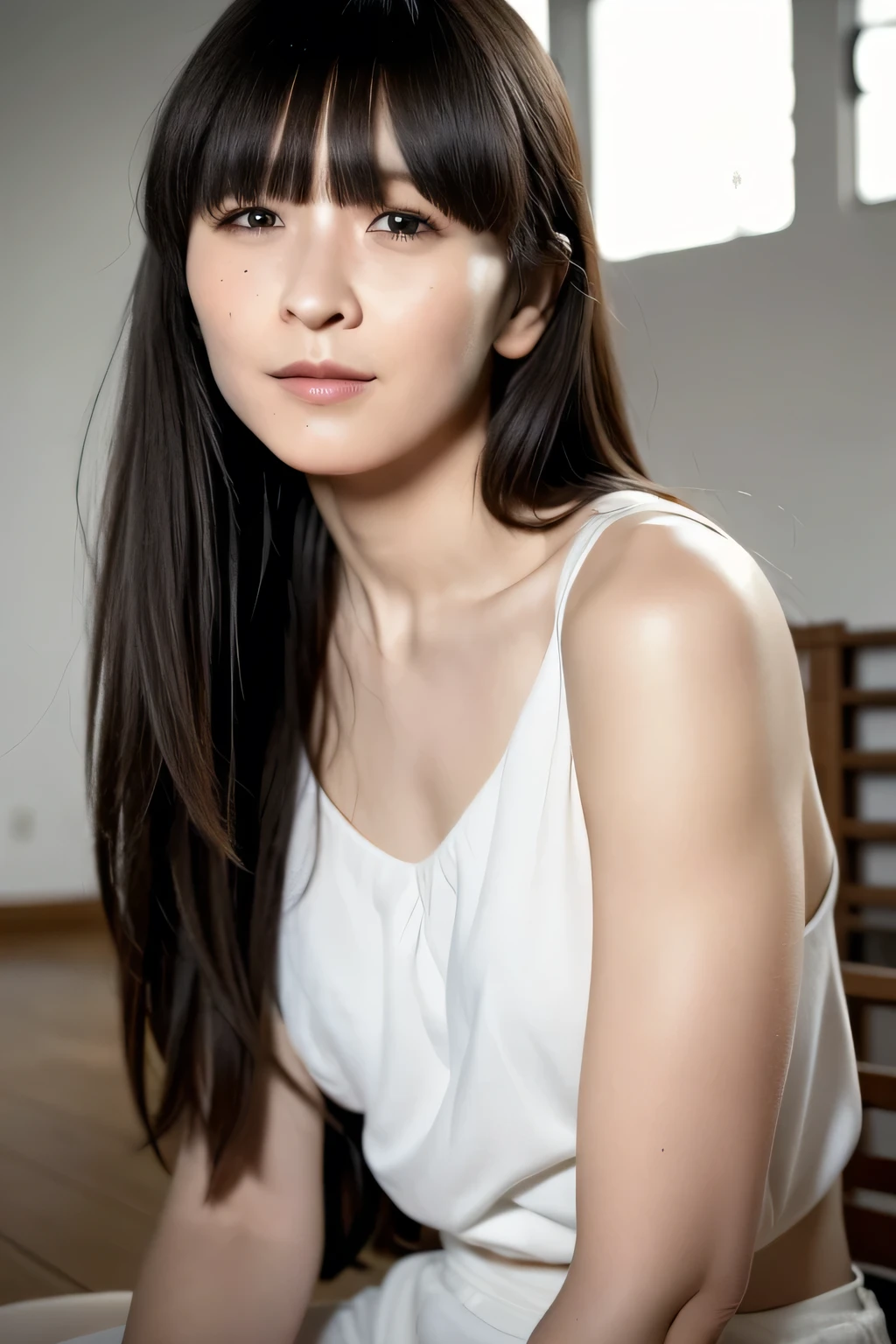 A young person sits on the polished wooden floor of a brightly lit gymnasium, their knees pulled close to their chest with arms wrapped securely around their legs. White panties are visible. The soft light from tall windows reflects off the glossy floor, casting gentle patterns around them. Their relaxed posture suggests a moment of quiet contemplation or rest, as they gaze thoughtfully at the open space ahead. The gym walls, marked with faded sports lines and a few scattered pieces of equipment, frame the serene yet reflective atmosphere. 20-year-old woman. smiles gently, FRIENDLY. ( RAW photos , top quality ), ( realistic, photo- realistic:1.4), masterpiece, Extremely Delicate and Beautiful, extremely detailed, 2k wallpaper, amazing on the beach, detailed depiction , extremely detailed CG unity 8k wallpaper, ULTRA DETAIL, high res, Soft light, beautiful detailed girl looking back, extremely detailed eyes and face, beautiful detailed nose, beautiful detailed eyes, cinematic lighting, Perfect Anatomy, slender body.