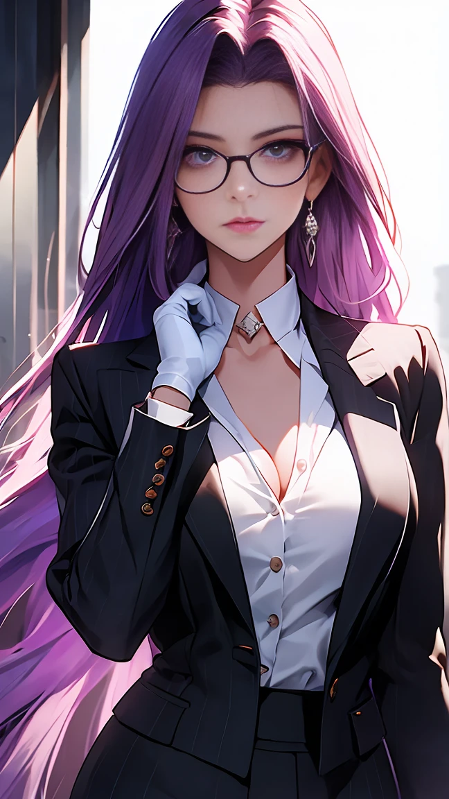 master piece, best quality, purple hair, (((low knot hair, side long hair, tied back hair))),(right eye patch:1.2), (black tailcoat1.3), black suit pants, (white under shirt), look at view, big breasts, sword, tight clothes, grin, (grown up)