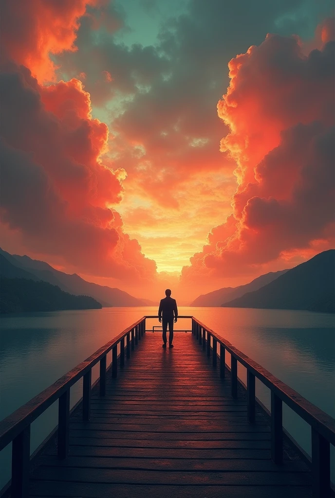 Man on top of a mountain, watching a city on fire, taken over by an army of thousands