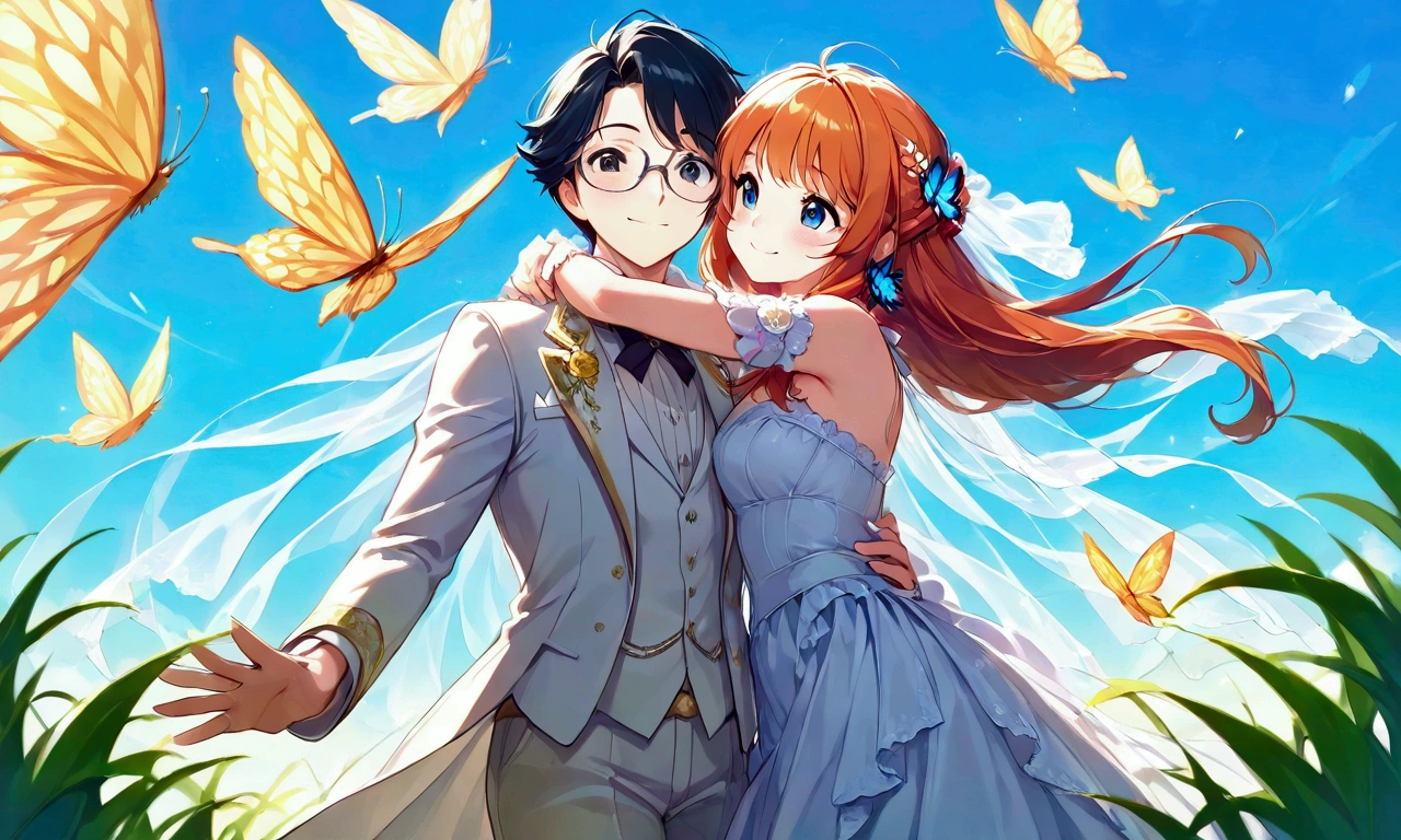 (masterpiece, top quality :1.2),,a couple,(Bride and Groom),the Bride\(red-orange hair,her hair up,cute cat-eared lady,big smile, cheerful and playful,hugs the Groom,strong hug, white dress with a Victorian design,gothic design),the Groom\(black hair,wearing glasses,simple white tuxedo,soft smile),they are looking at me,dynamic poses,(focus on face),from below,soft colorful butterflies,very happy moment,simple background, old Countryside,Background Blur,