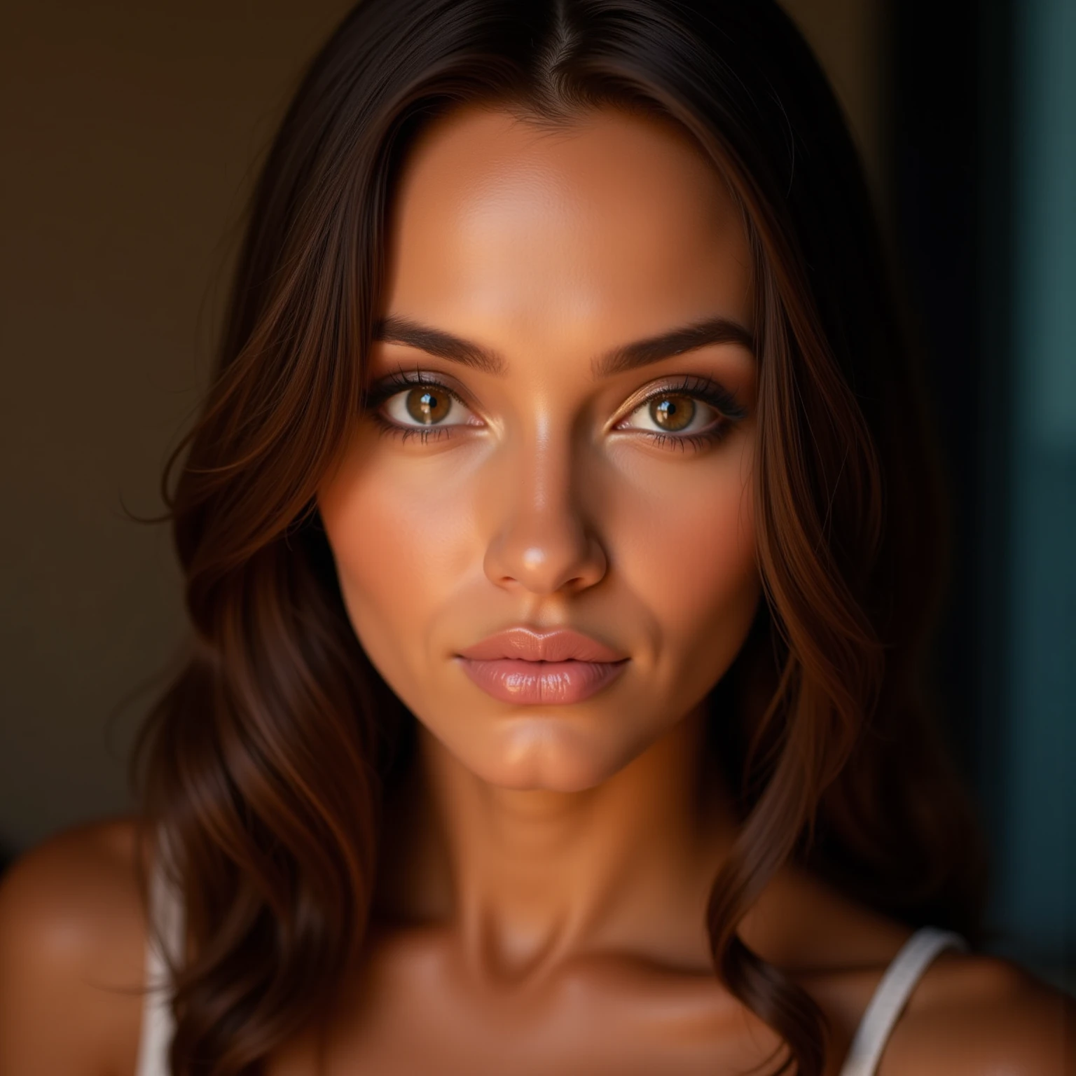 A close portrait of a woman, focusing on her eyes.  tanned, dark eyes, brown hair,, realistic, 4K, ultra detailed photography, sharp image,