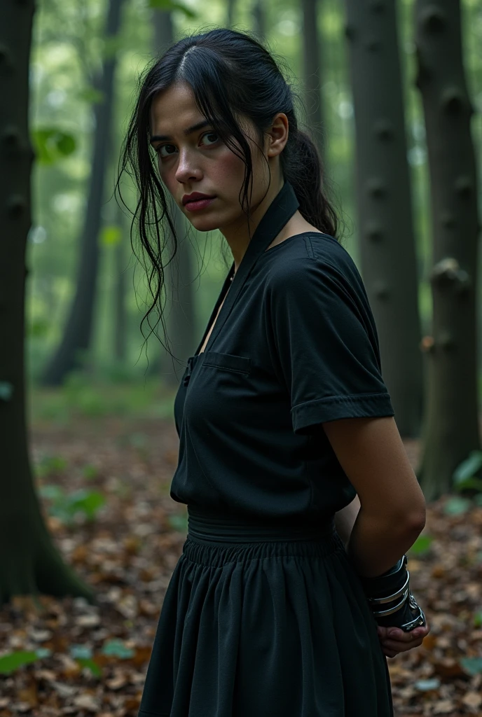 a beautiful woman with long black hair, wearing sexy military uniform, with a discovery hat, in a forest, with a sexy t-shirt (boobs) (best quality,4k,8k,highres,masterpiece:1.2),ultra-detailed,(realistic,photorealistic,photo-realistic:1.37),highly detailed portrait, intricate details, stunning scenery, dramatic lighting, cinematic composition, vibrant colors, lush foliage, moody atmosphere