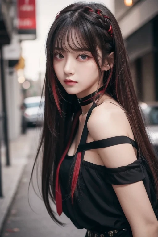  top quality ,  detailed information,  Color Difference,  1 girl,  long hair,  black hair,  messy hair, red highlights,  Hair,  red eyes, Sharp Eye,  choker ,, ,  their four ,  turn my arms around my back , Tie your arms,  